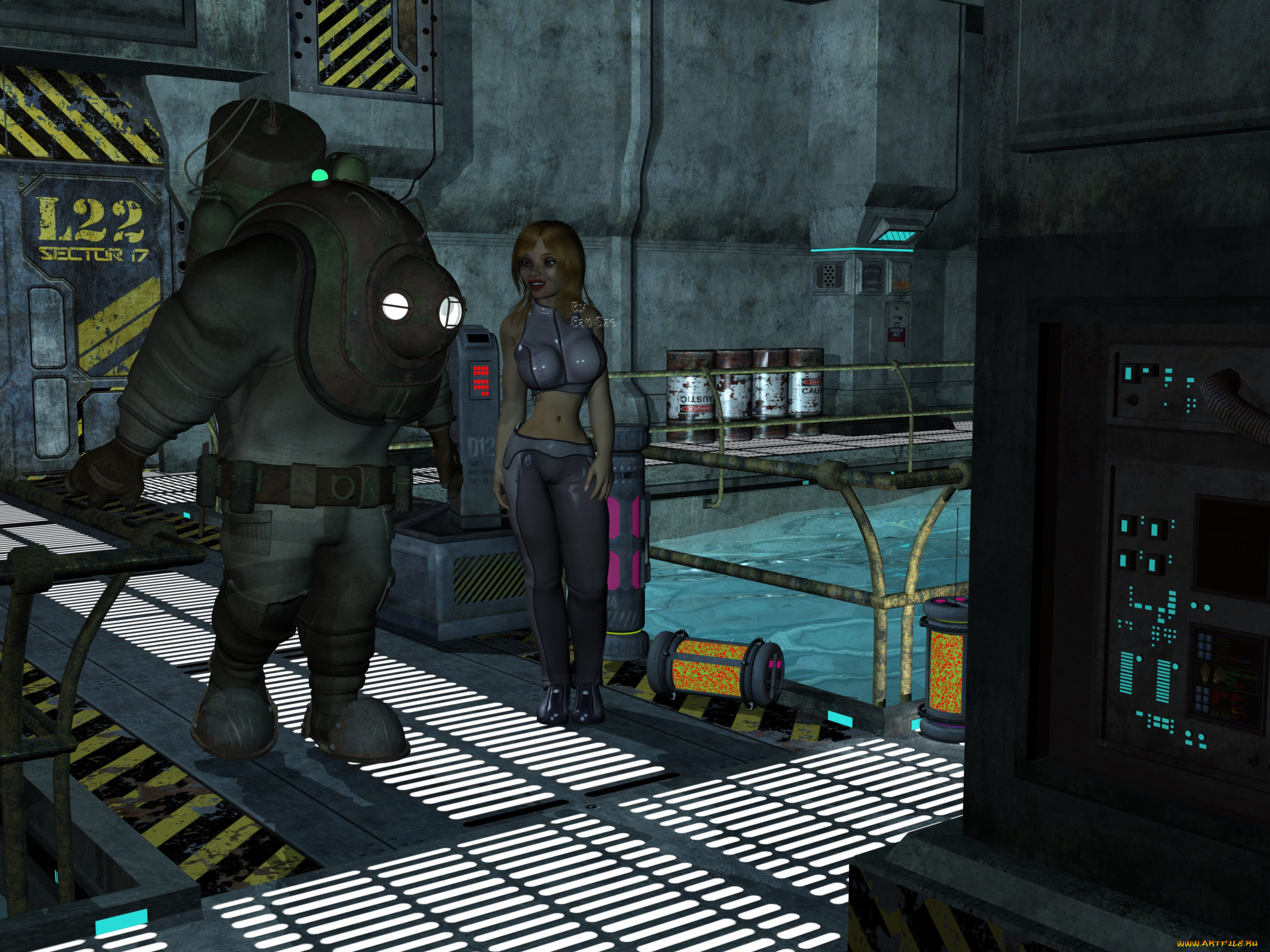 3д, графика, фантазия, , fantasy, взгляд, девушка, бассейн, фон