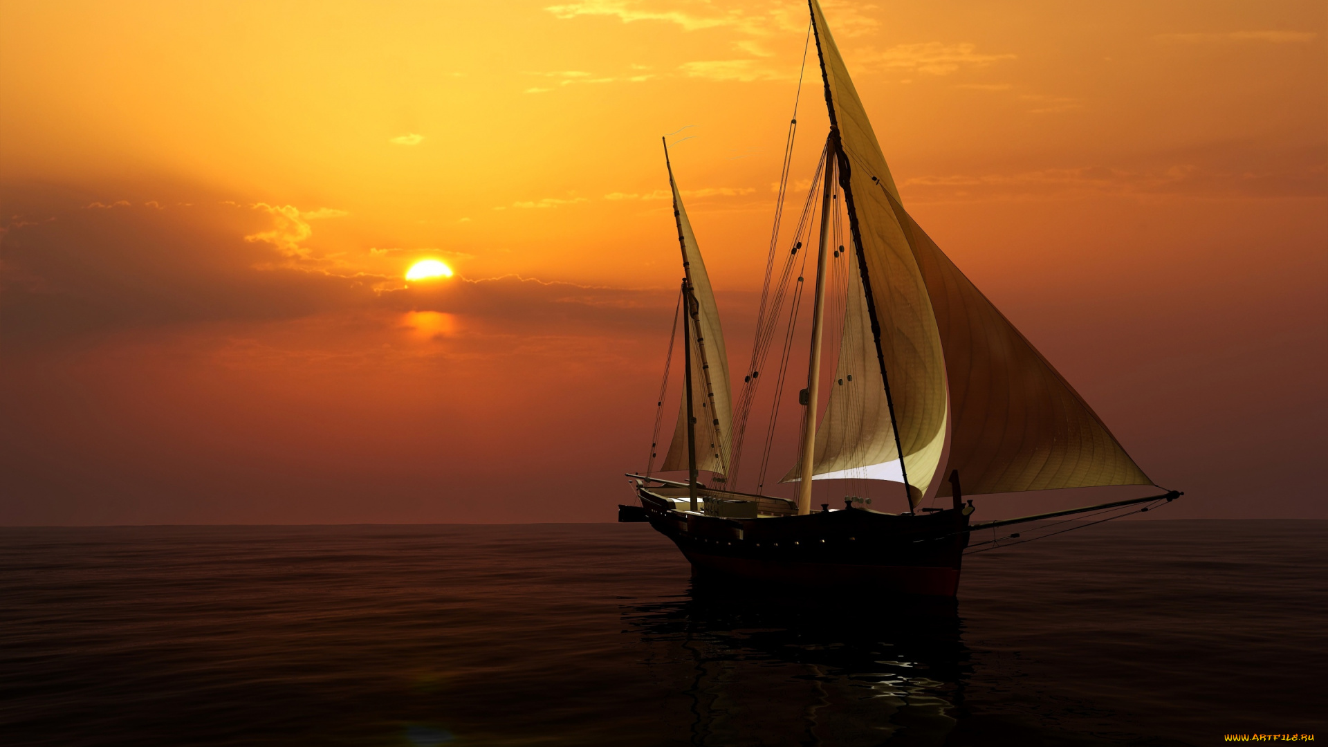 3д, графика, море, , sea, закат, горизонт, небо, яхта, паруса, 3d, море