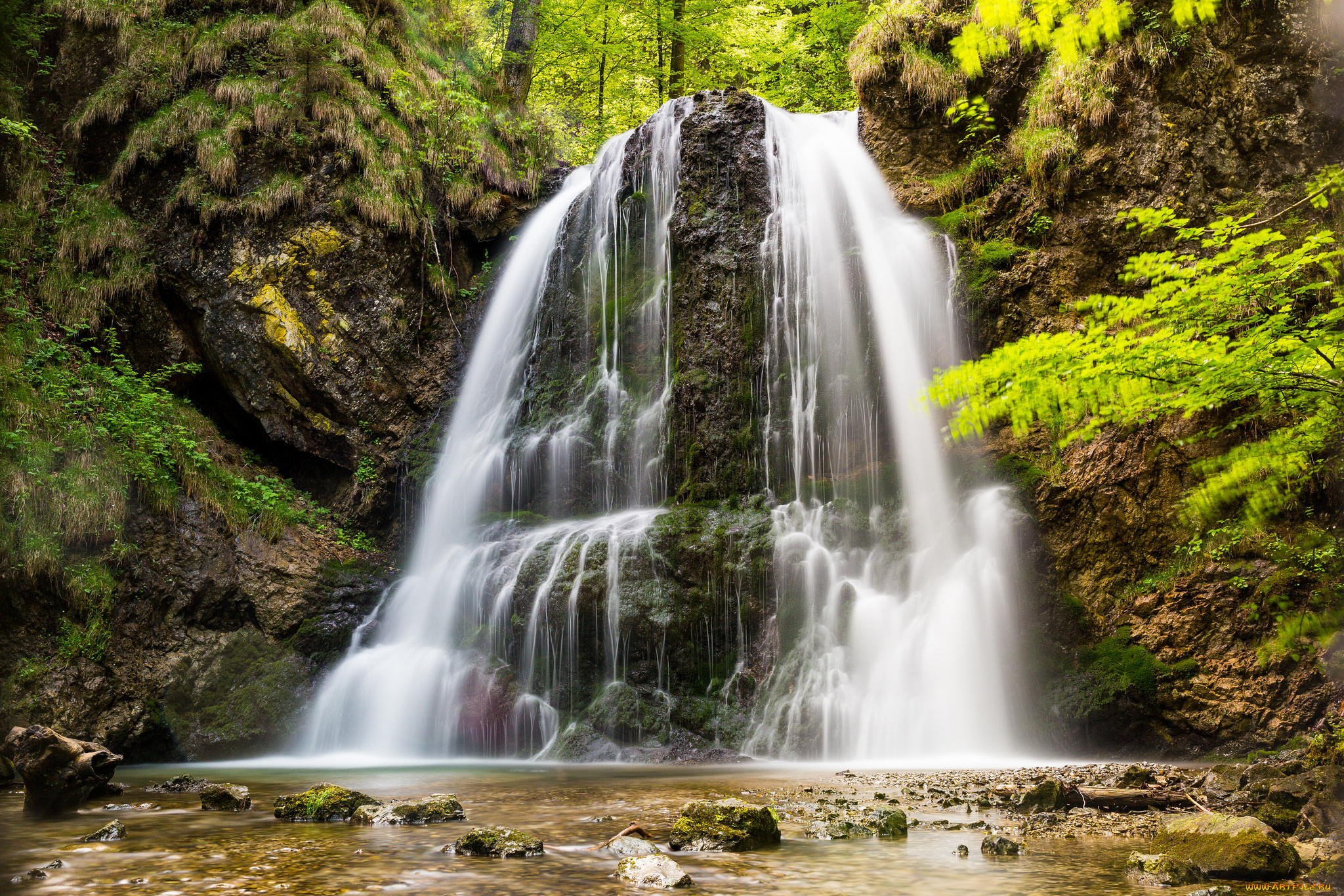 природа, водопады, лес, река, водопад