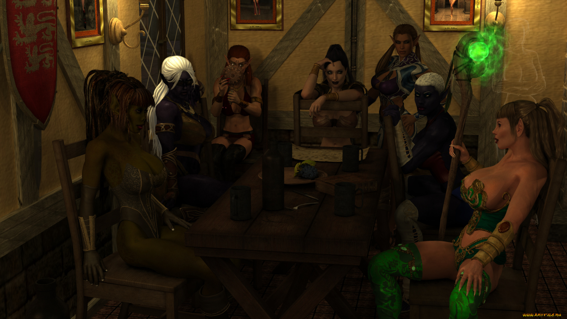 3д, графика, эльфы, , elves, фон, взгляд, эльфийки