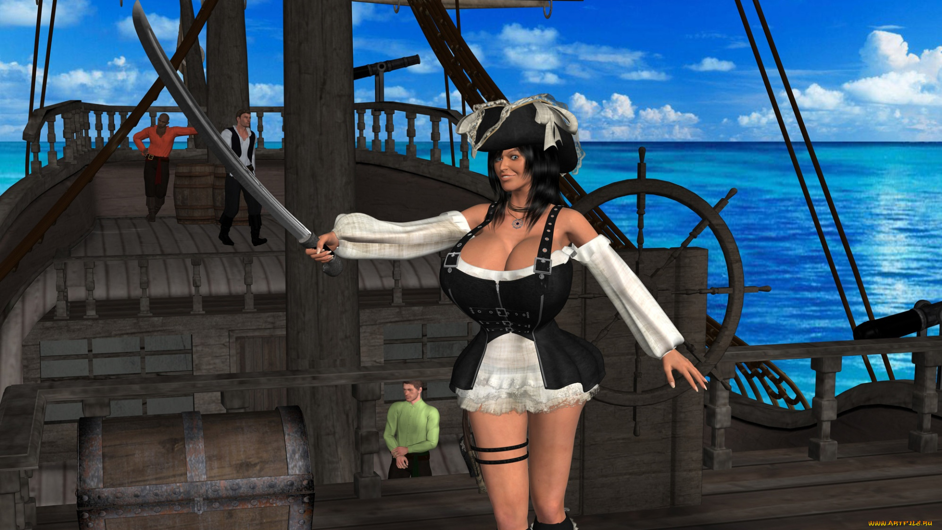 3д, графика, фантазия, , fantasy, пират, взгляд, девушка, фон