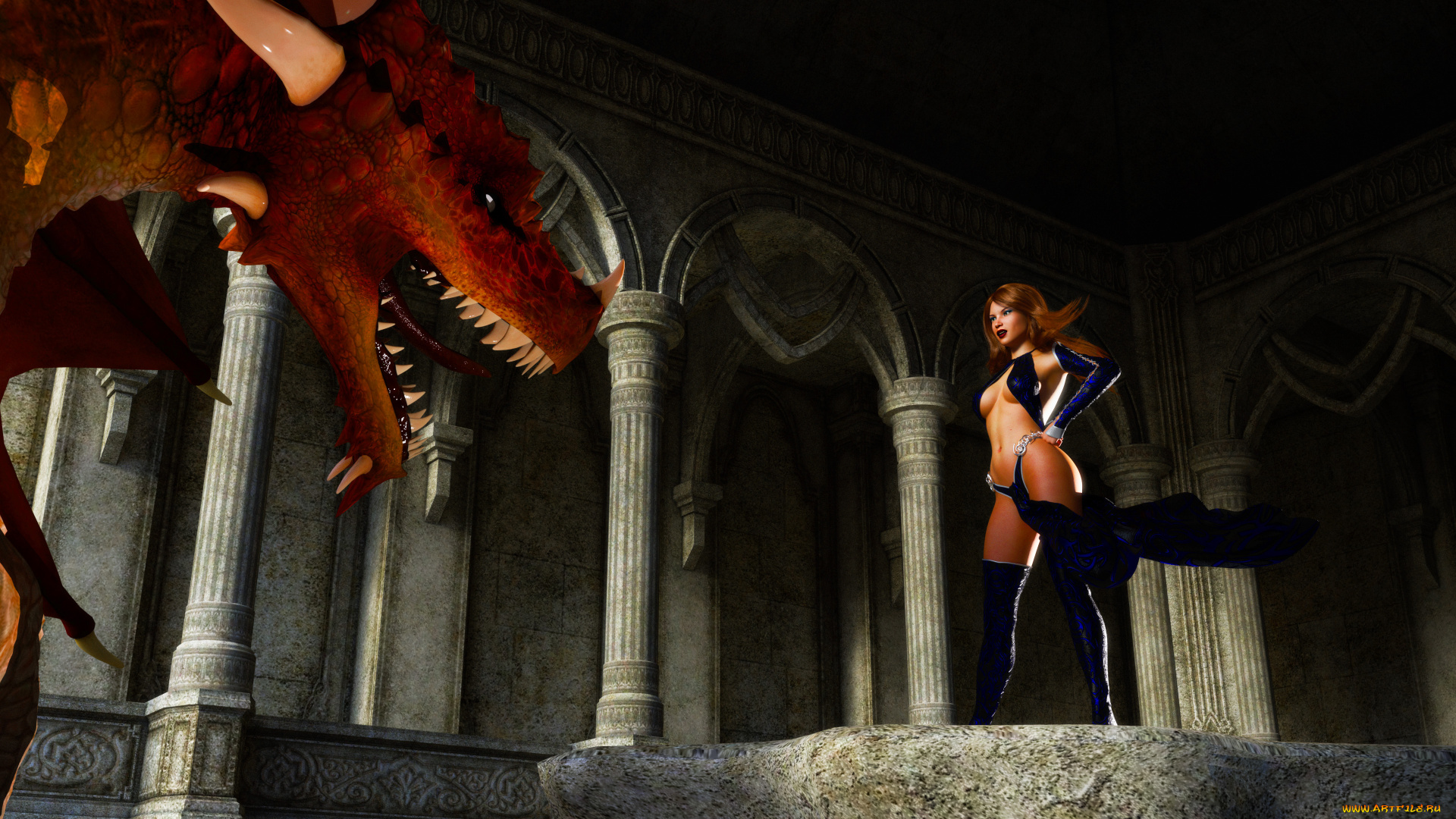 3д, графика, фракталы, , fractal, взгляд, девушка, дракон, фон