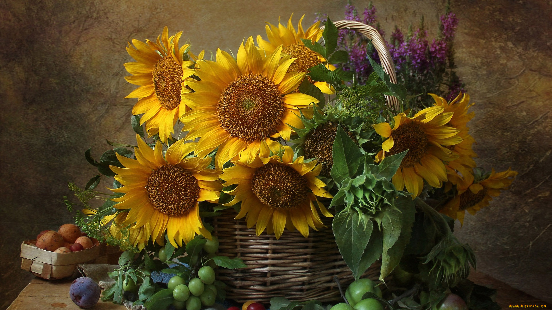 еда, натюрморт, подсолнух, цветы, слива, яблоко