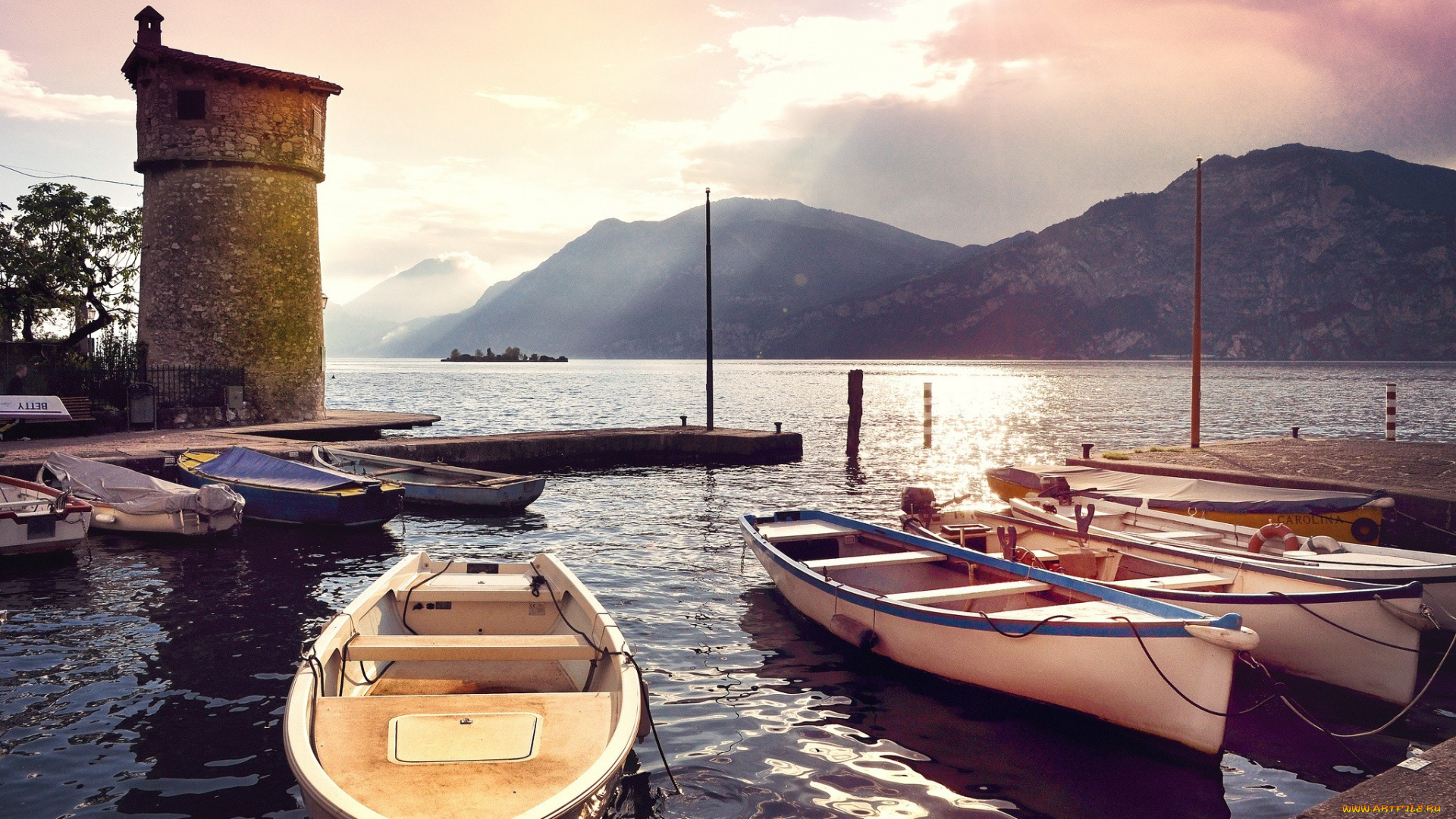 корабли, лодки, , шлюпки, причал, залив, горы