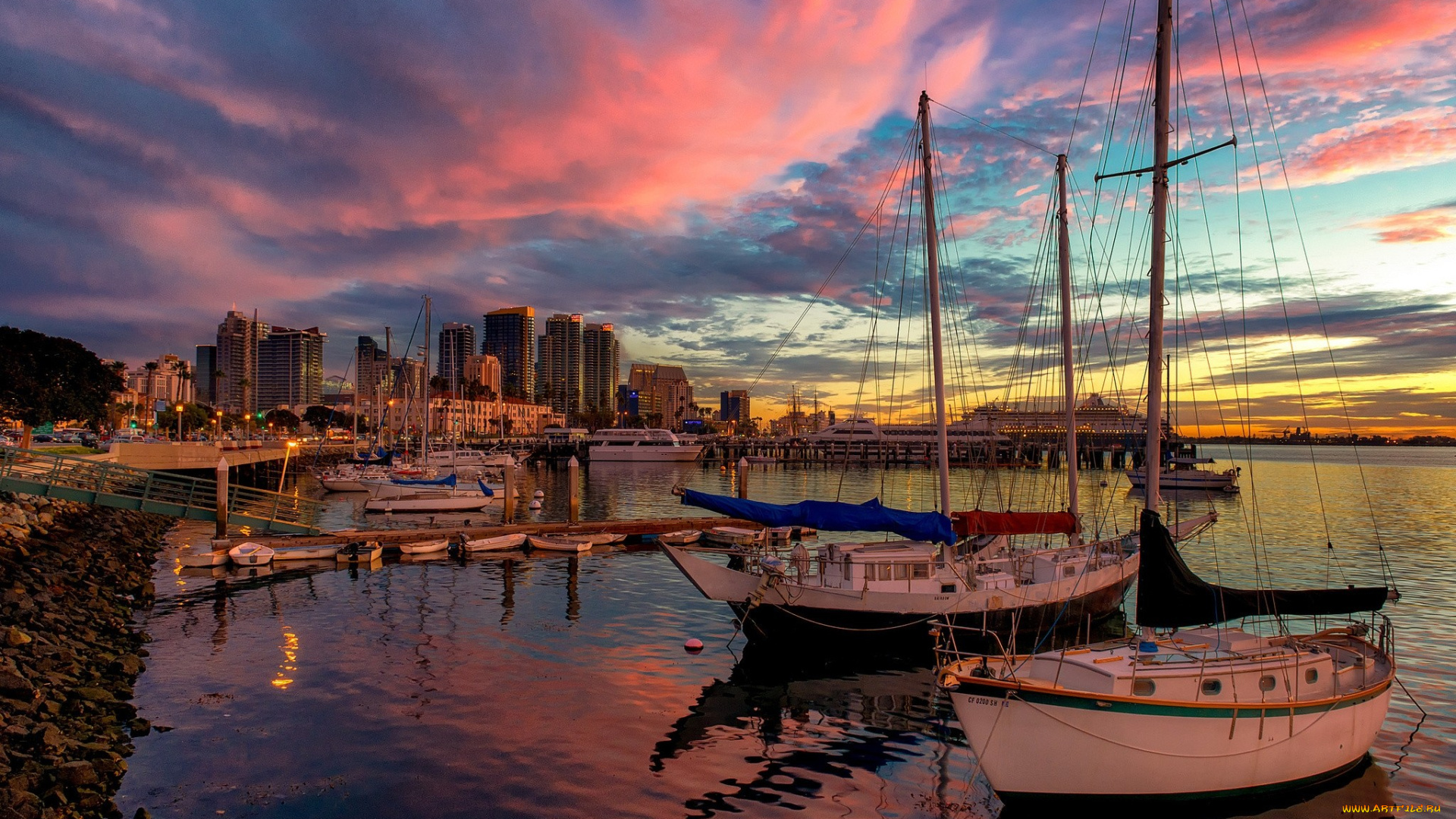 корабли, Яхты, суда, закат, залив, город
