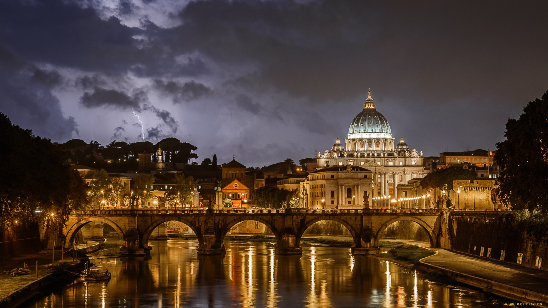lightning, over, st, peter`s, города, рим, , ватикан, , италия, собор, мост, река