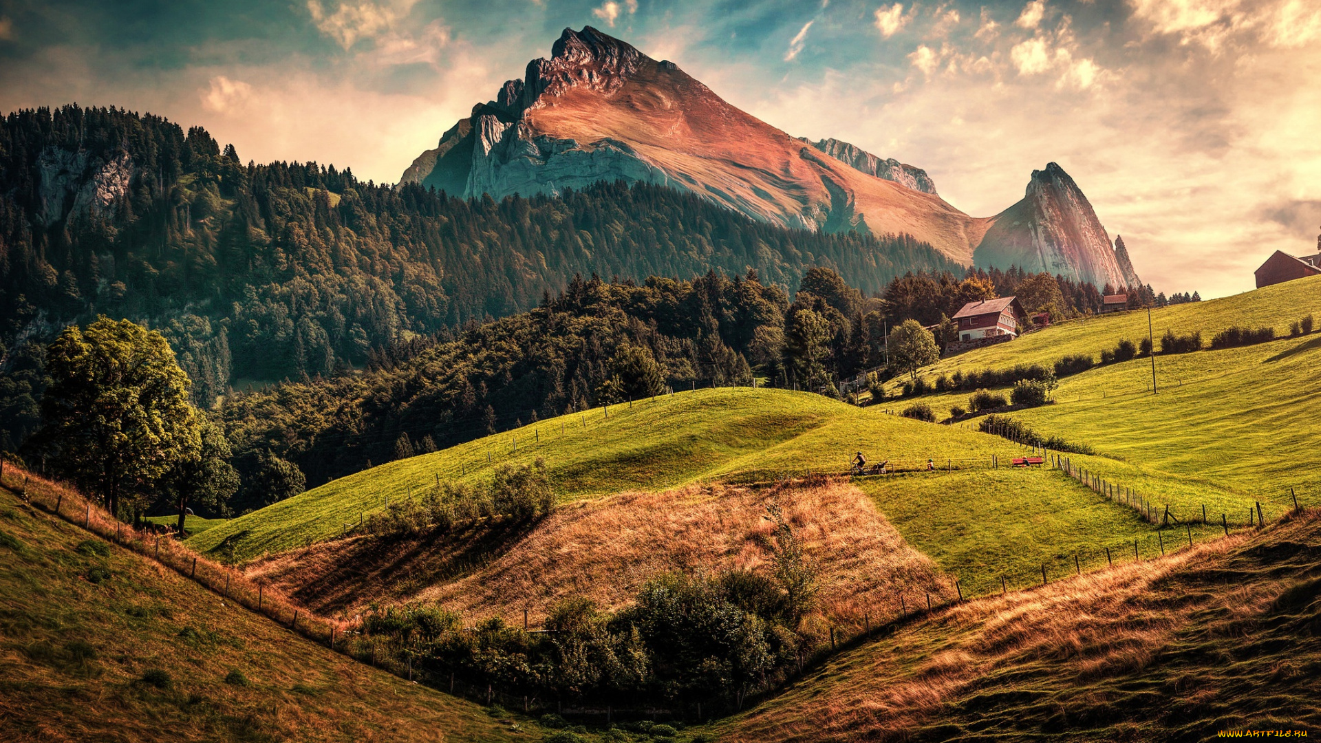 природа, горы, обработка, toggenburg, switzerland, дома