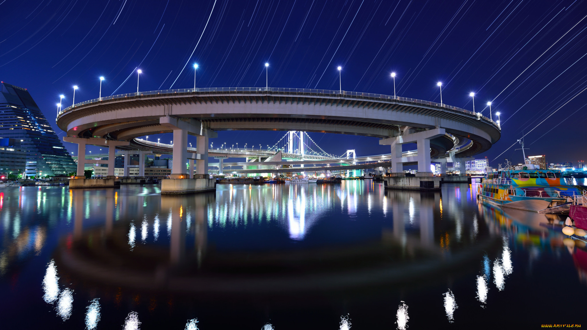 rainbow, bridge, at, shibaura, wharf, , tokyo, города, токио, , Япония, огни, ночь, мост, река