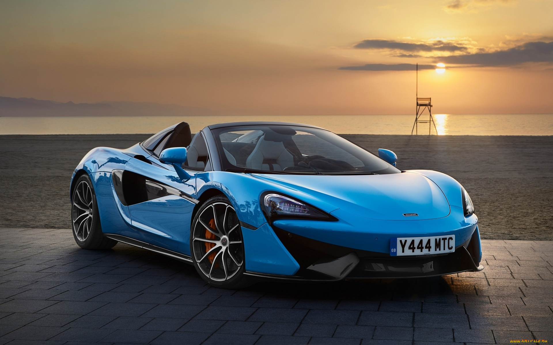 автомобили, mclaren, море, закат, 570s, spider, макларен, голубой, набережная