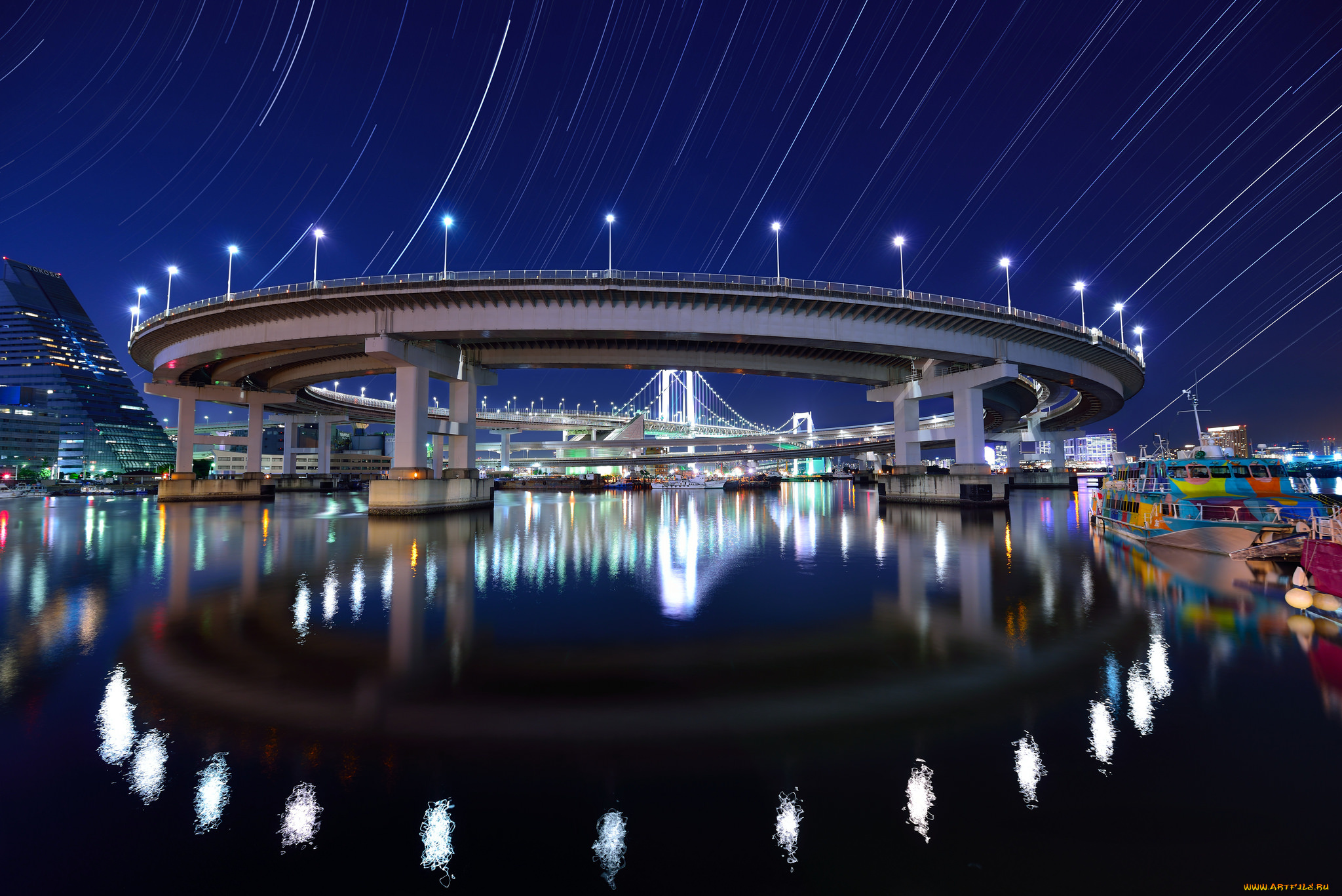 rainbow, bridge, at, shibaura, wharf, , tokyo, города, токио, , Япония, огни, ночь, мост, река