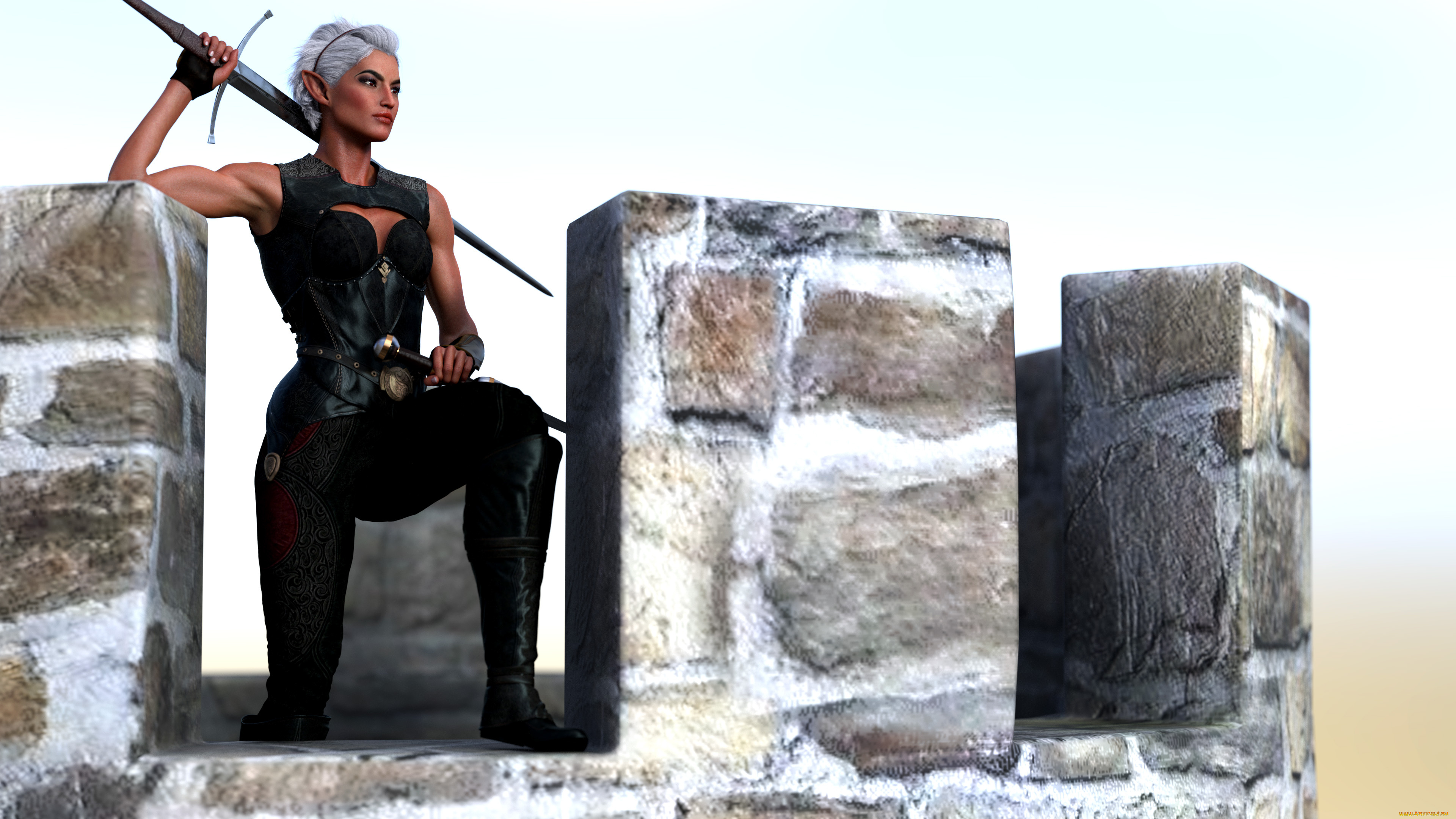 3д, графика, эльфы, , elves, эльфийка, оружие, взгляд, фон