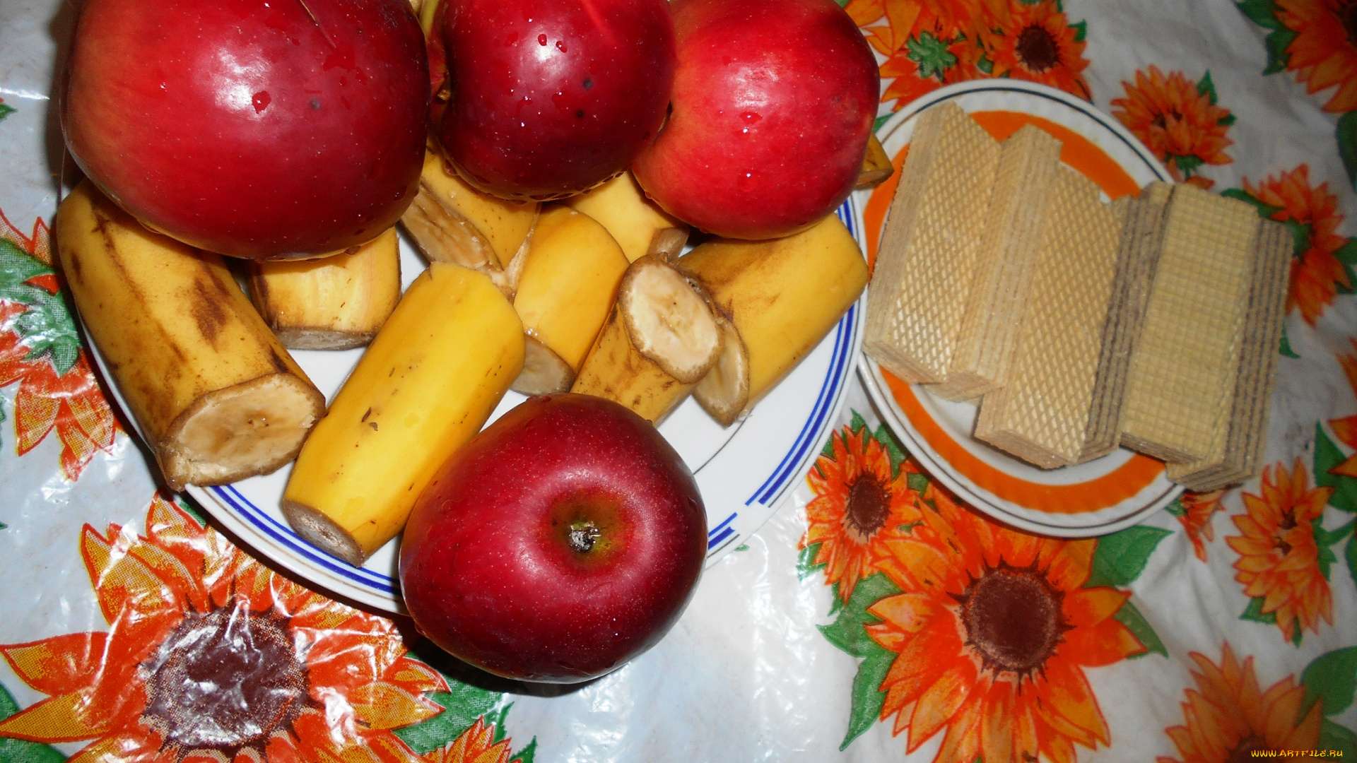 еда, Яблоки, вафли, бананы, яблоки