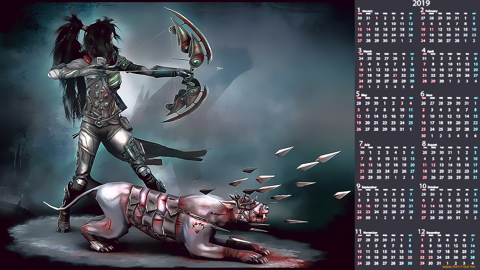 календари, фэнтези, девушка, оружие, существо