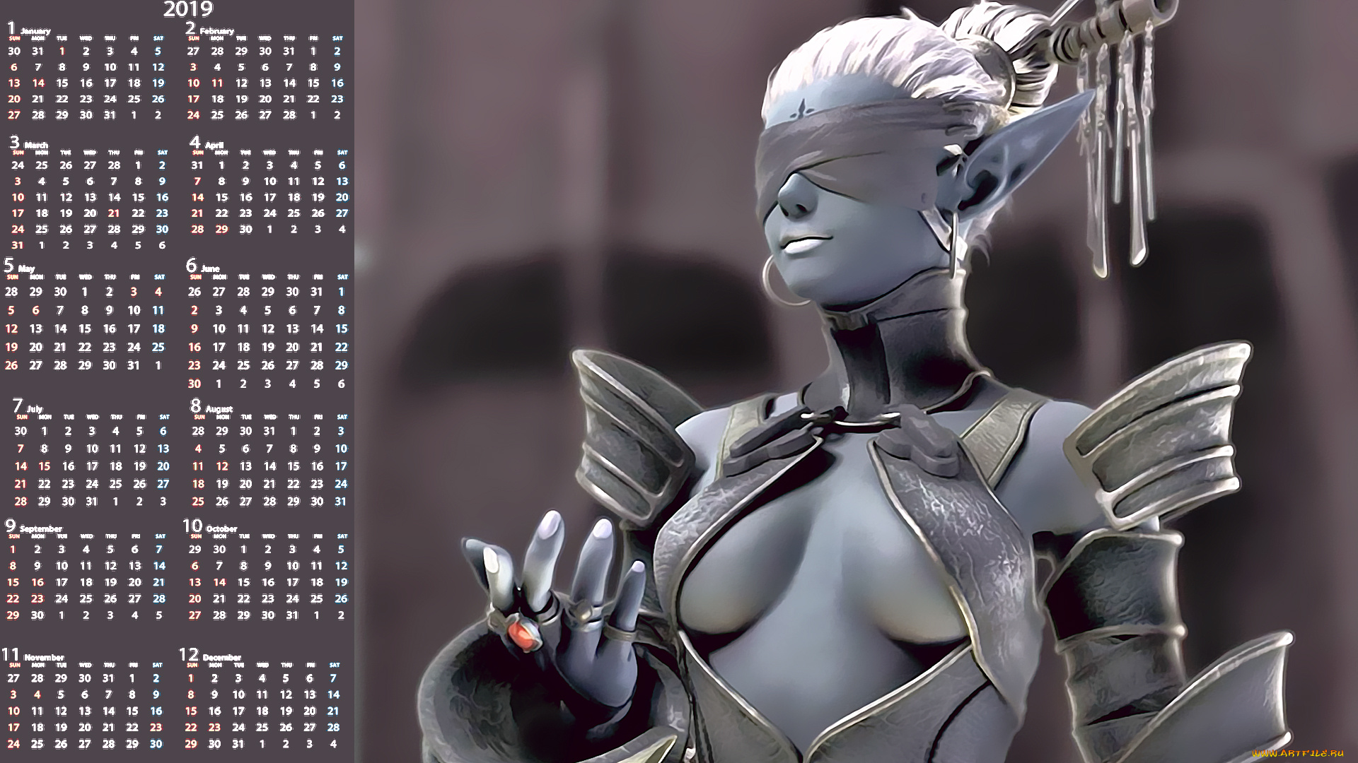 календари, фэнтези, девушка, существо, повязка