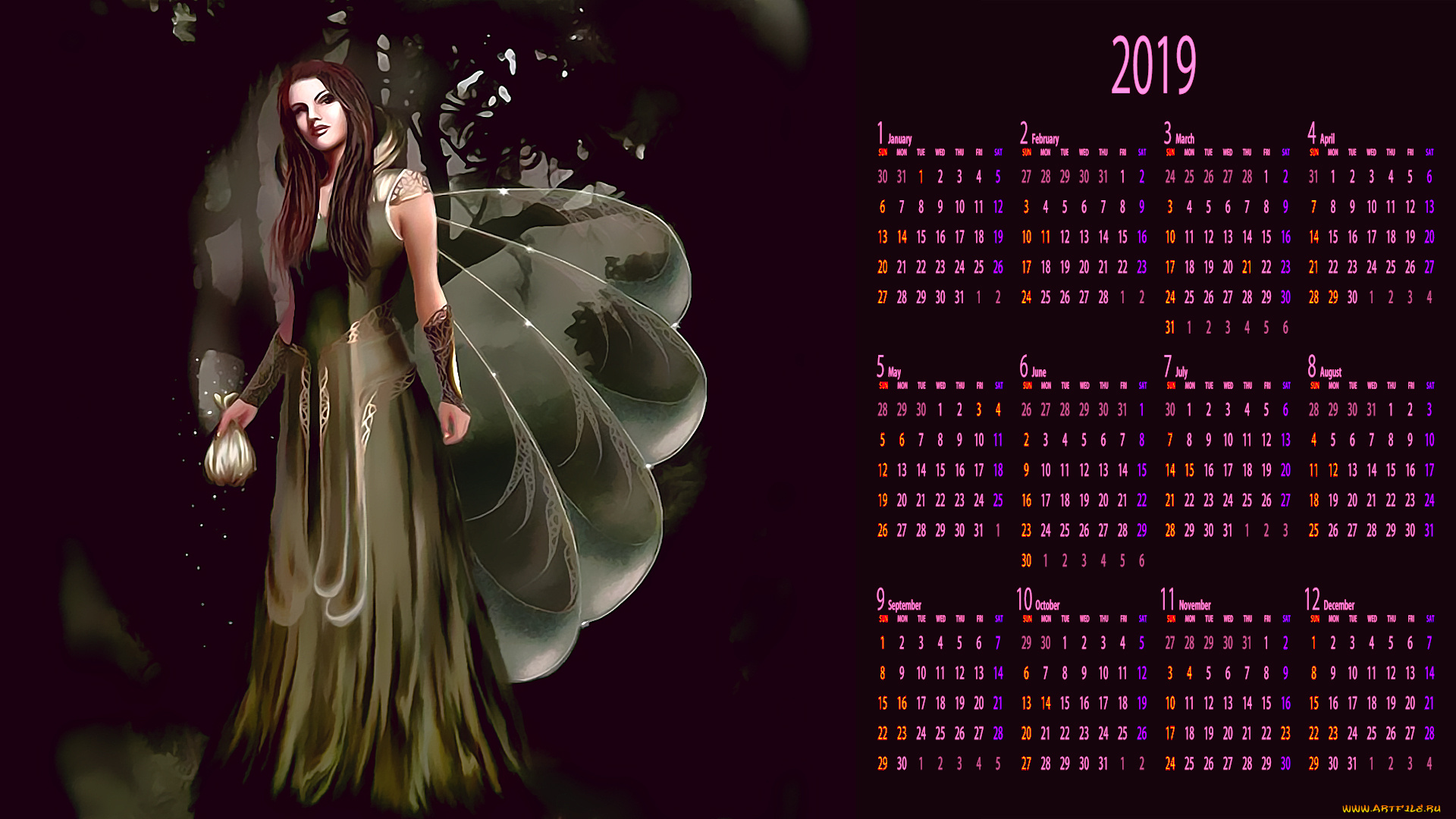 календари, фэнтези, крылья, девушка