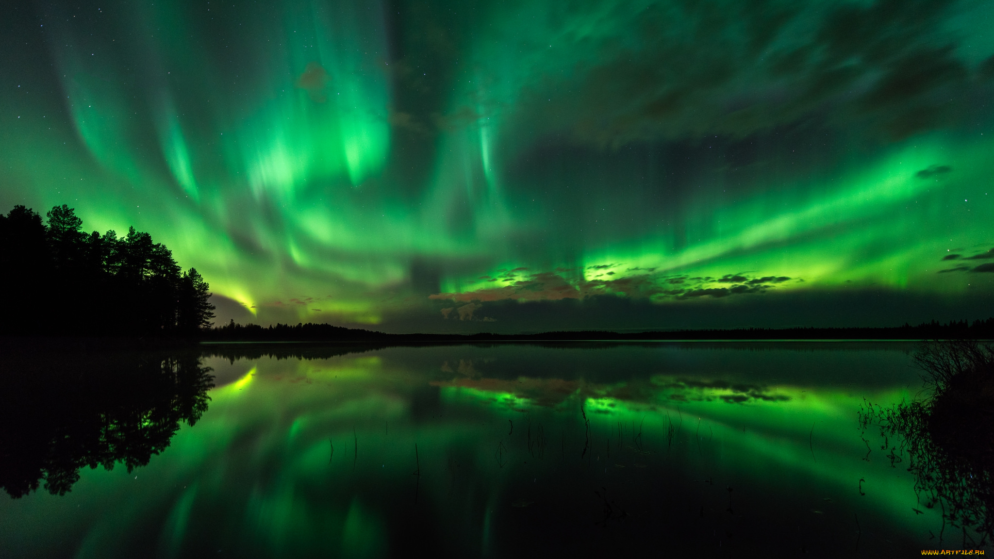 природа, северное, сияние, простор