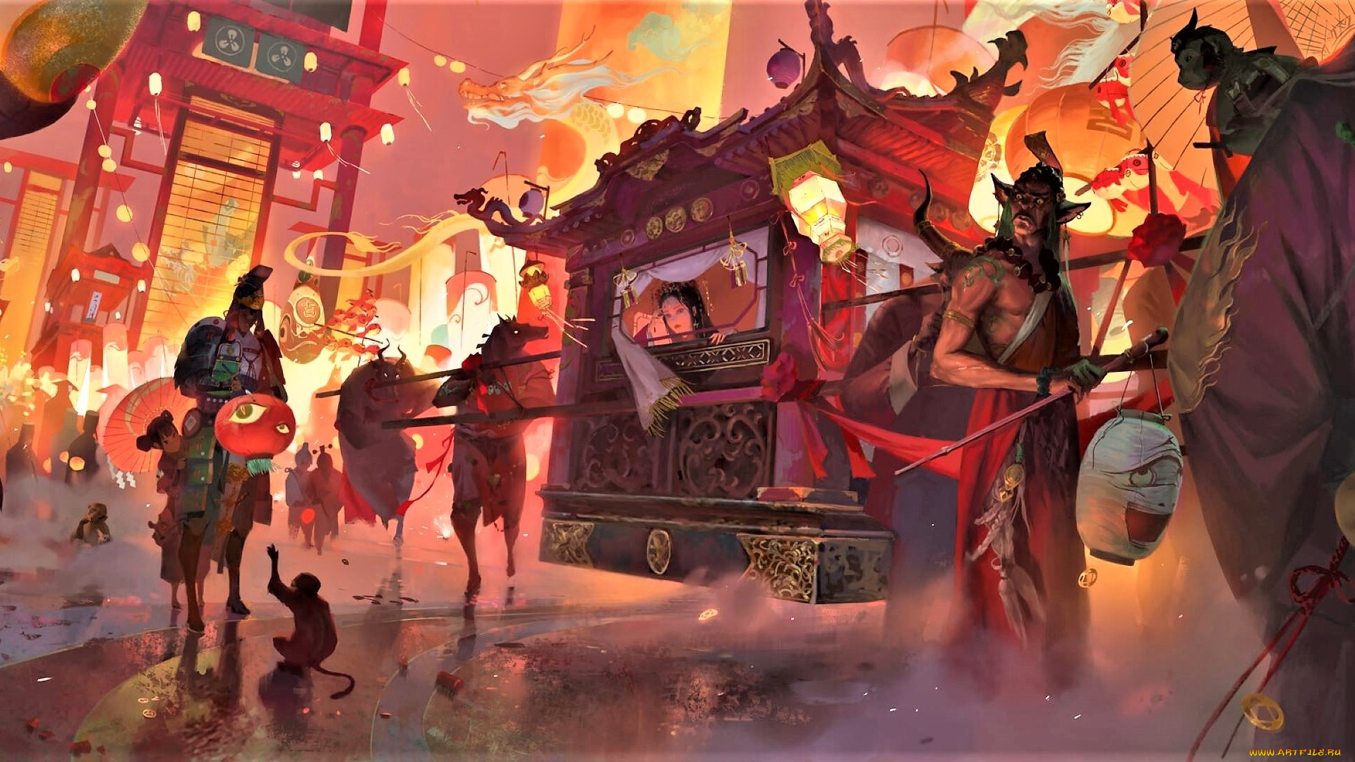 фэнтези, существа, девушка, паланкин, обезьяна, город