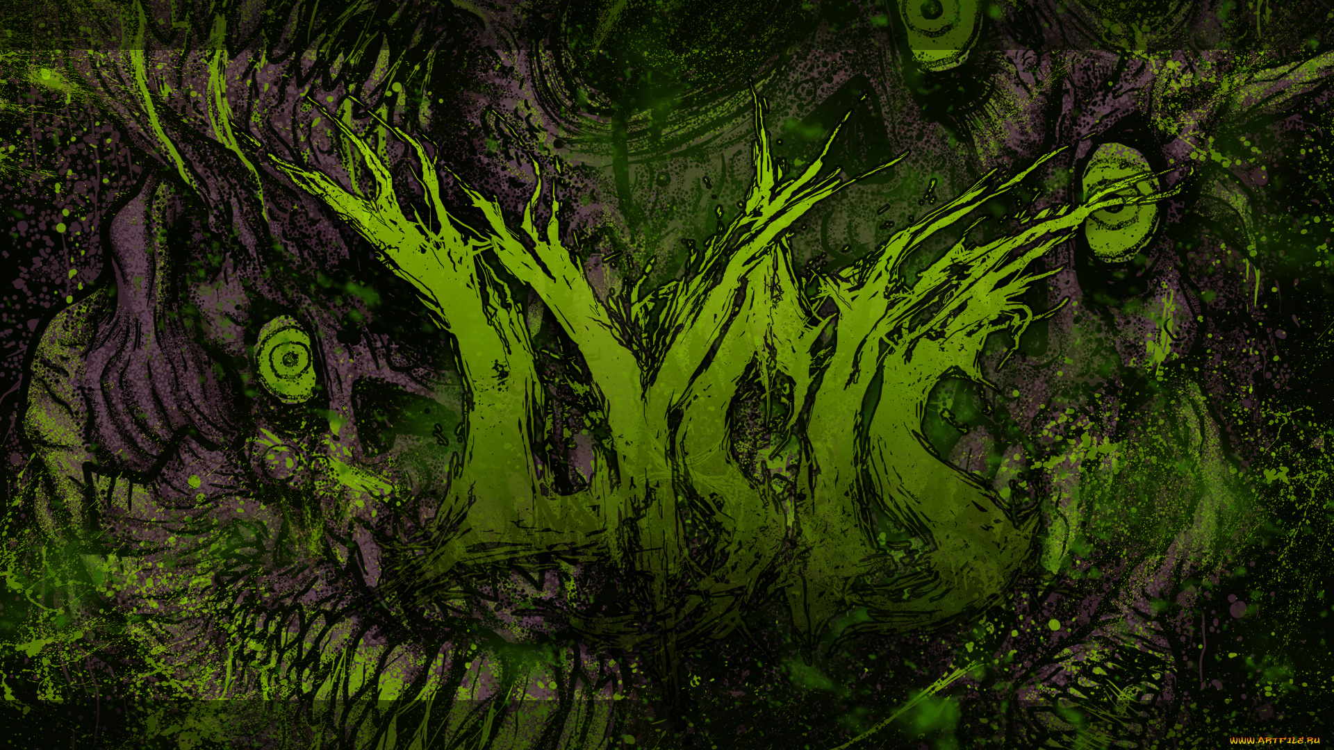 рисованное, абстракция, деревья, ветки, глаза, монстр