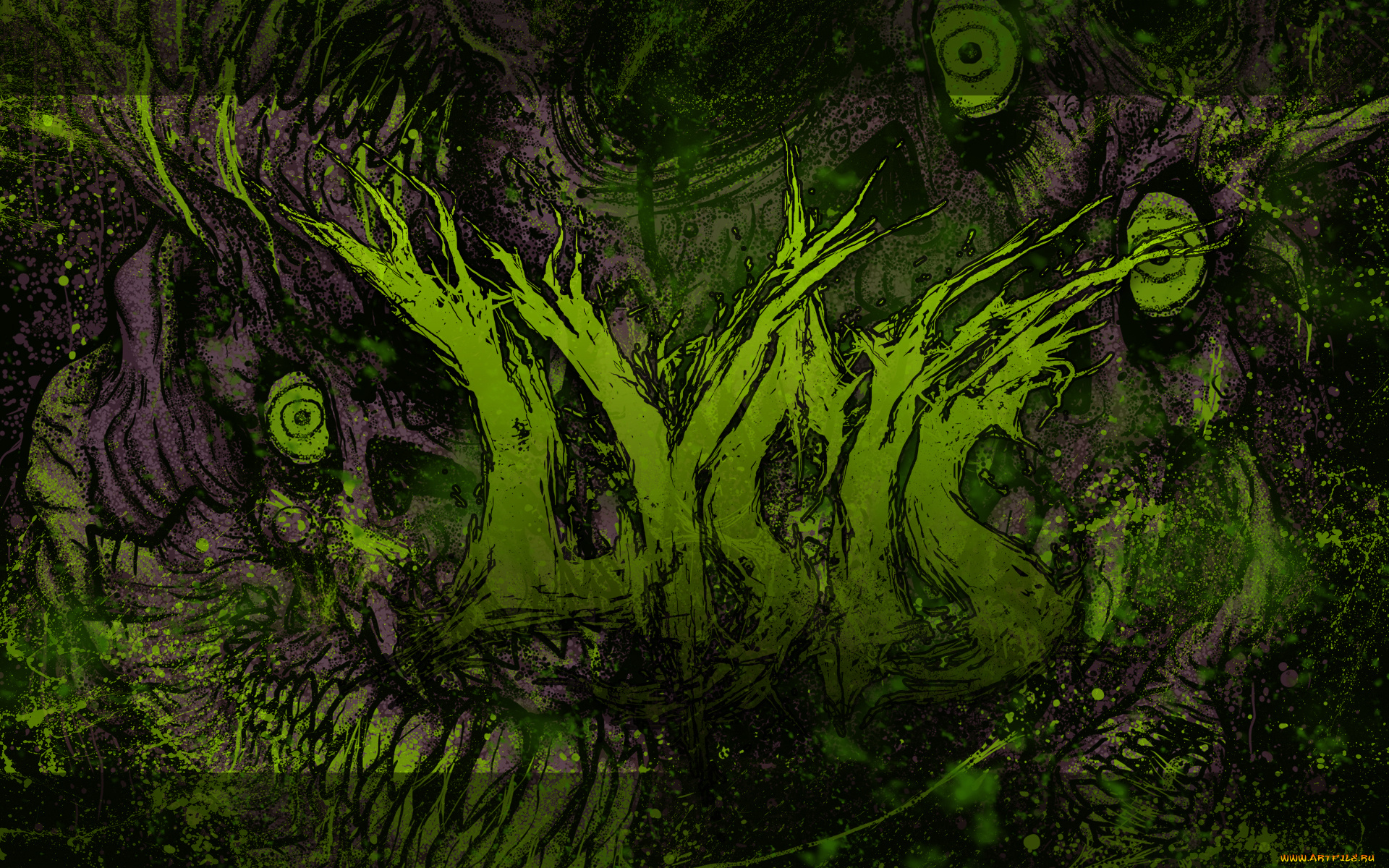 рисованное, абстракция, деревья, ветки, глаза, монстр