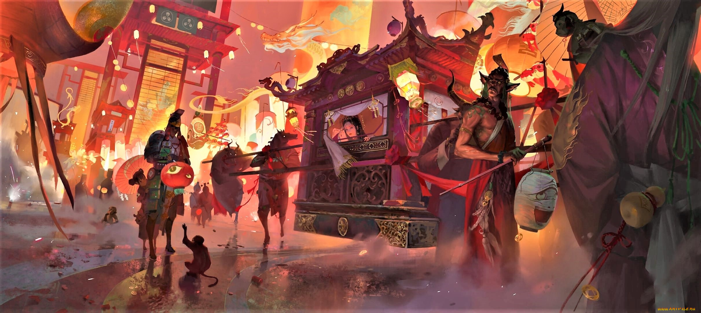 фэнтези, существа, девушка, паланкин, обезьяна, город