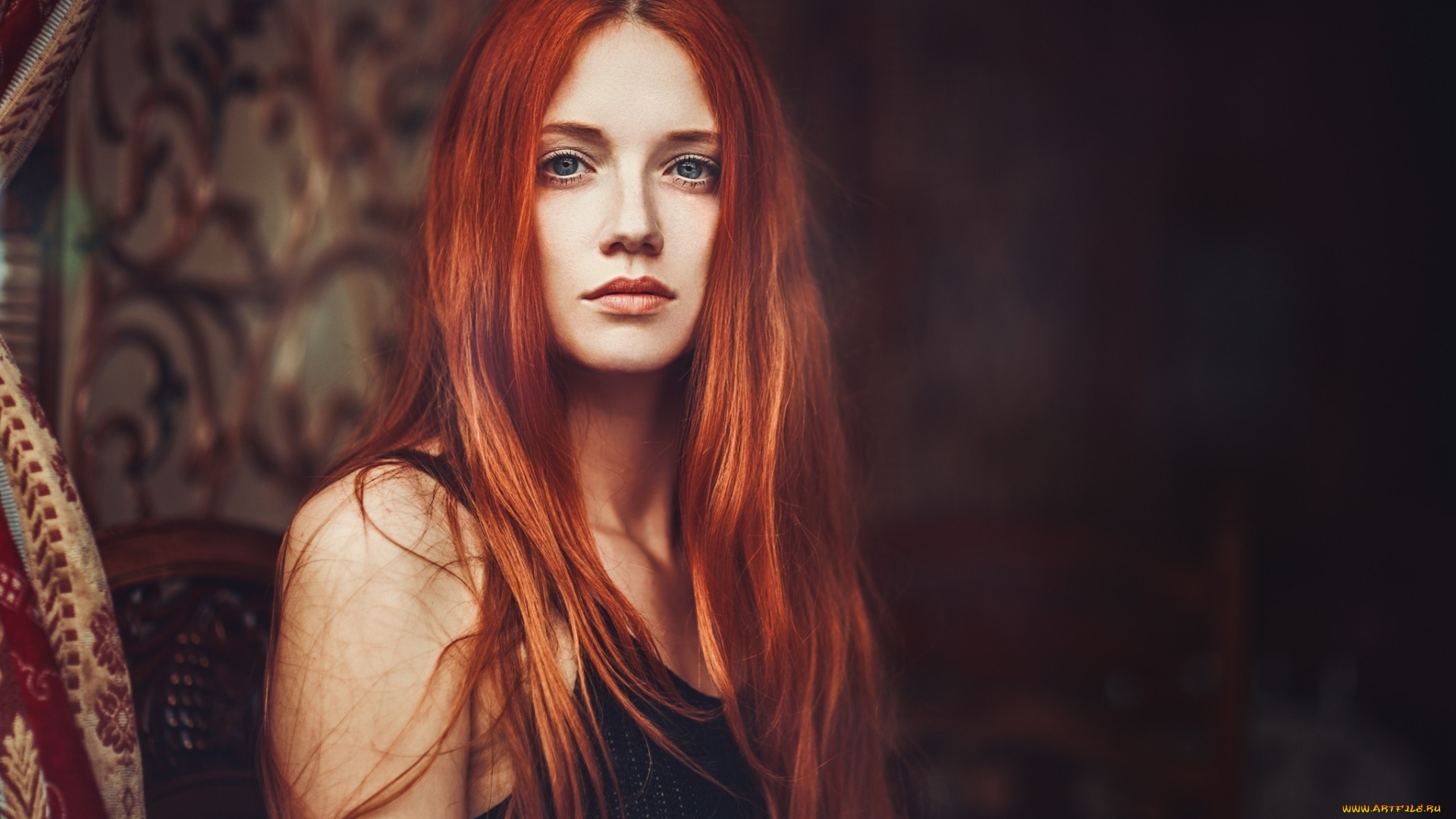 девушки, -, лица, , портреты, рыжие, длинные, волосы, взгляд