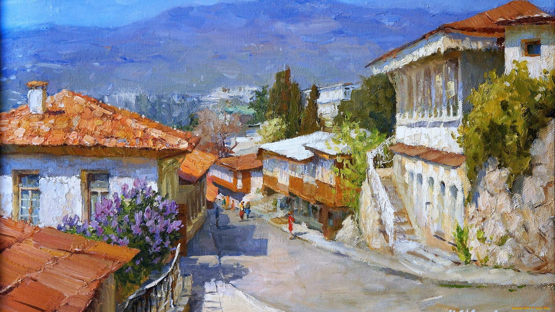 рисованное, живопись, горы, город, улица, дома