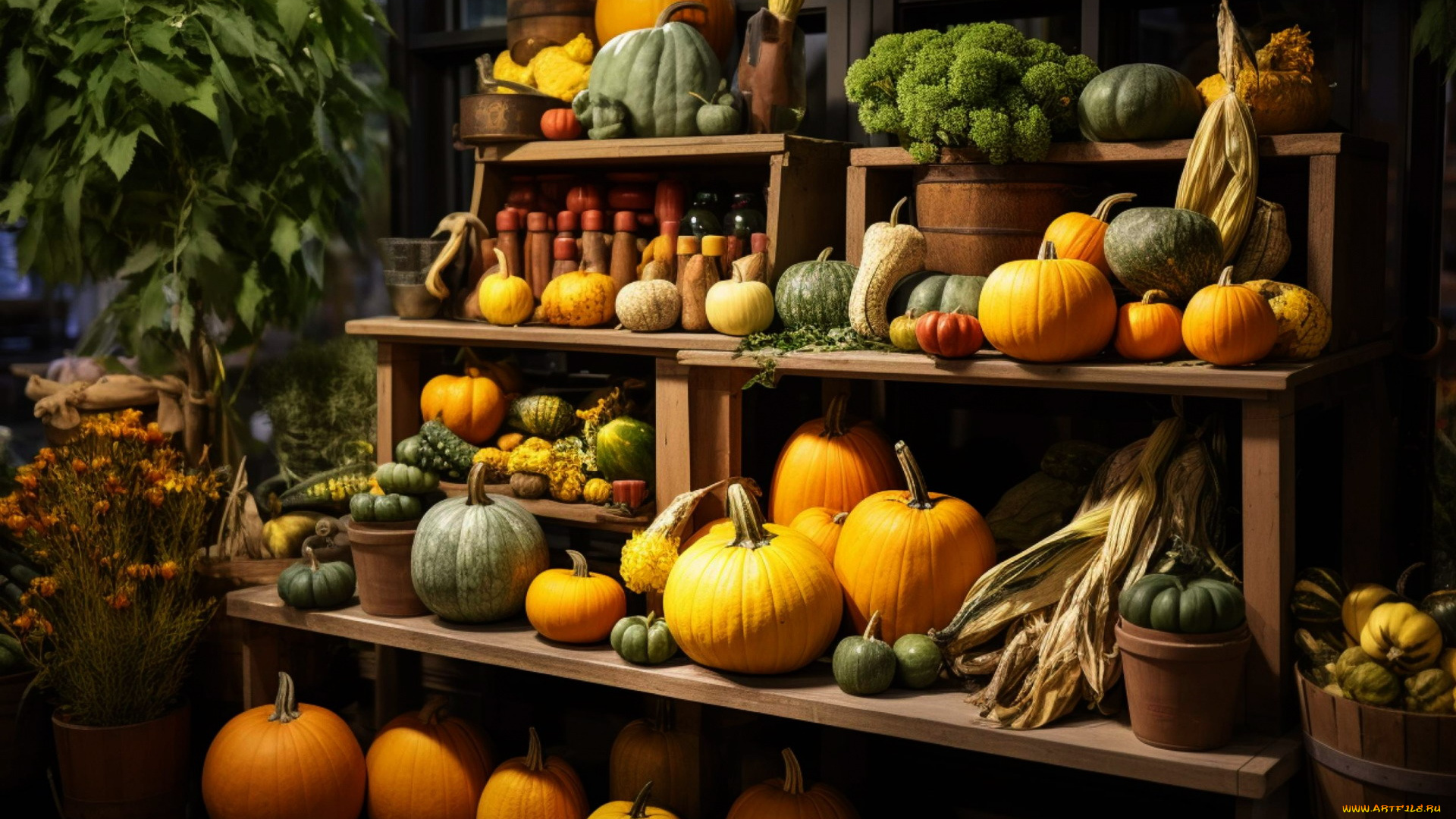 еда, тыква, полки, тыквы, урожай
