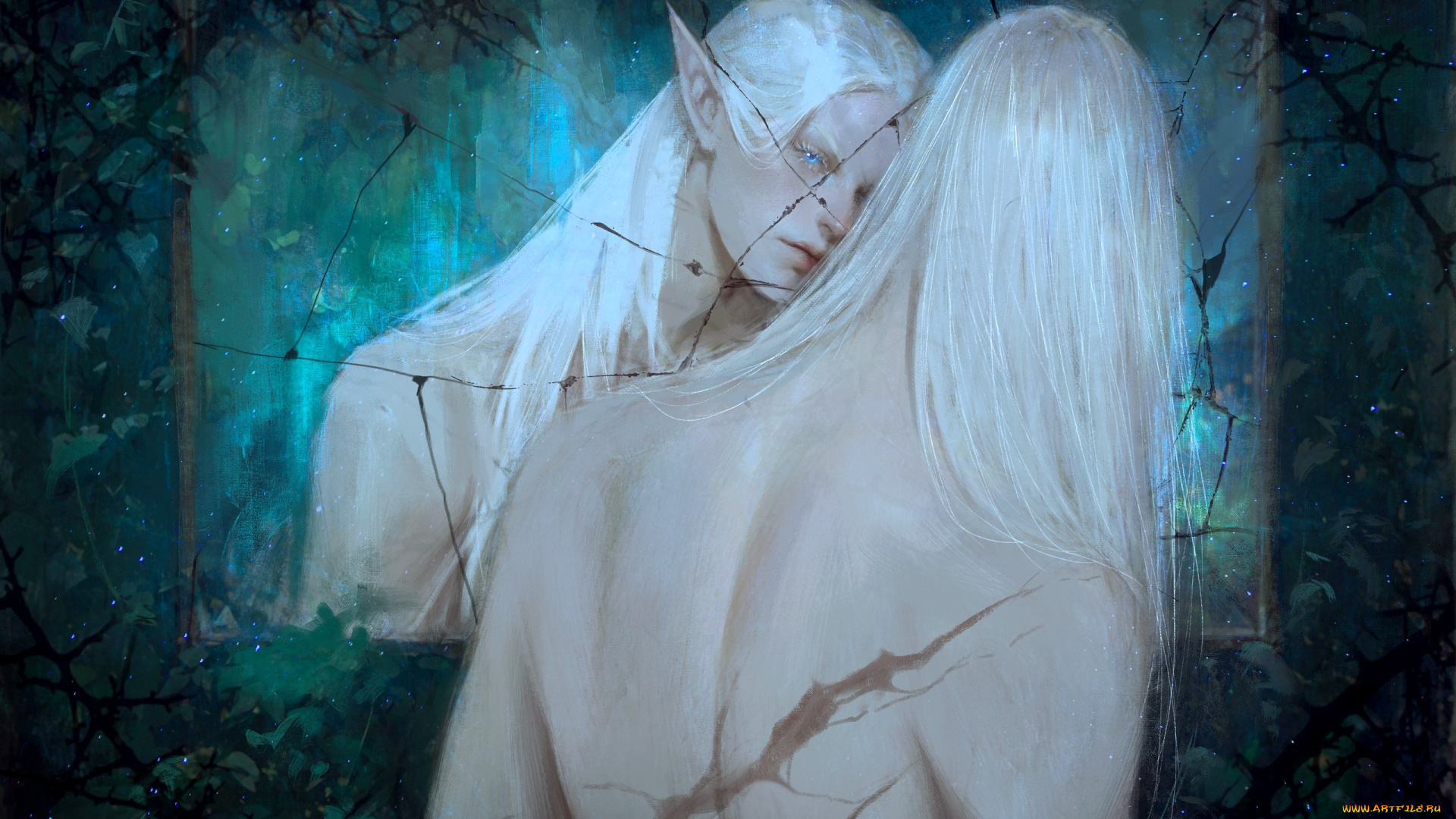 фэнтези, эльфы, эльф, шрамы, зеркало, отражение, трещины