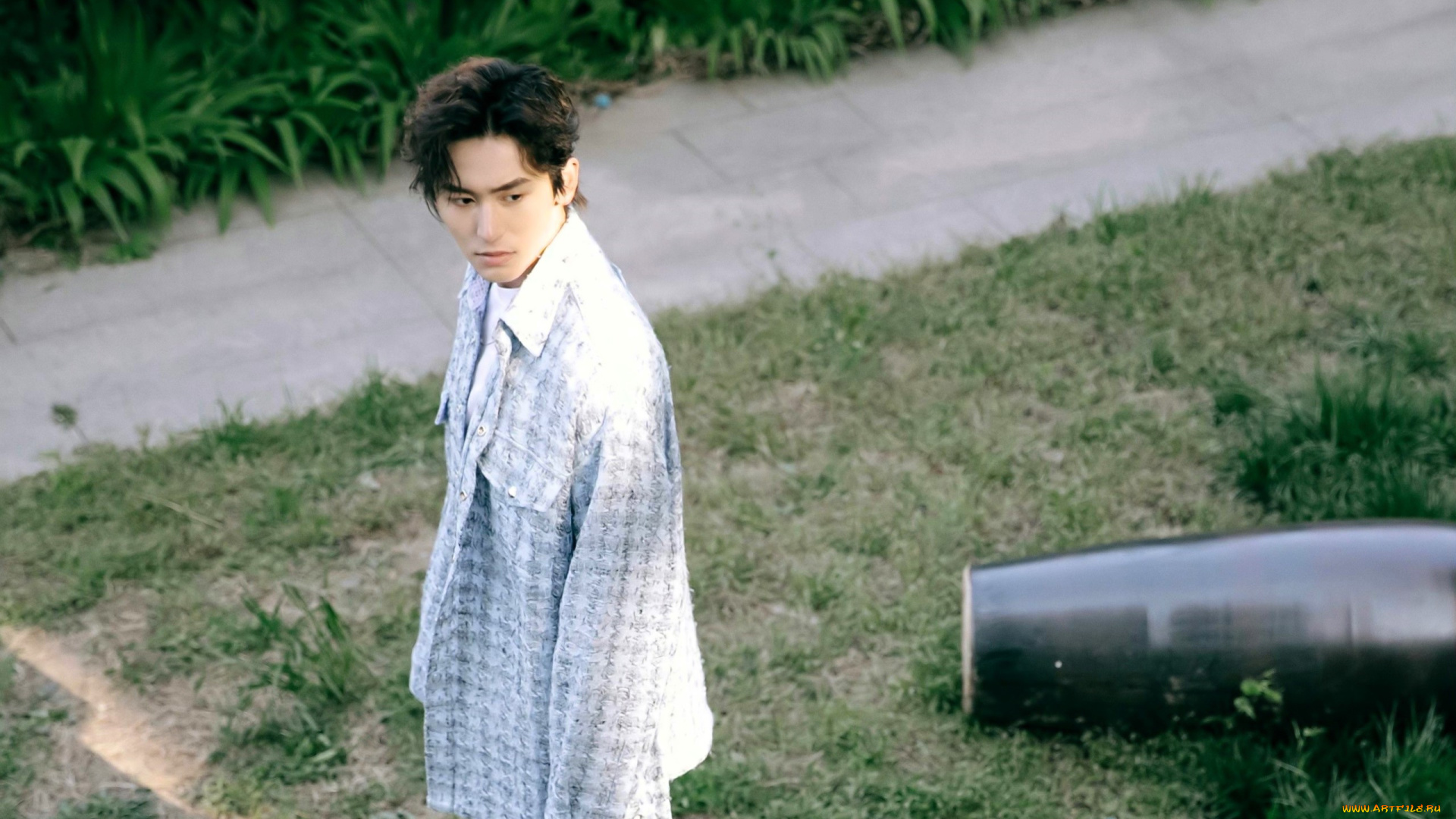 мужчины, zhang, zhehan, актер, рубашка, лужайка, труба, дорожка