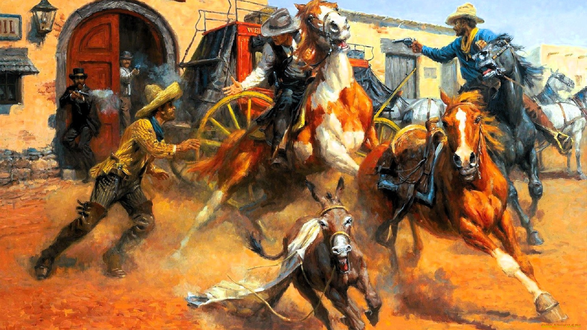 рисованное, andy, thomas, салун, перестрелка, всадники, лошади, ослик
