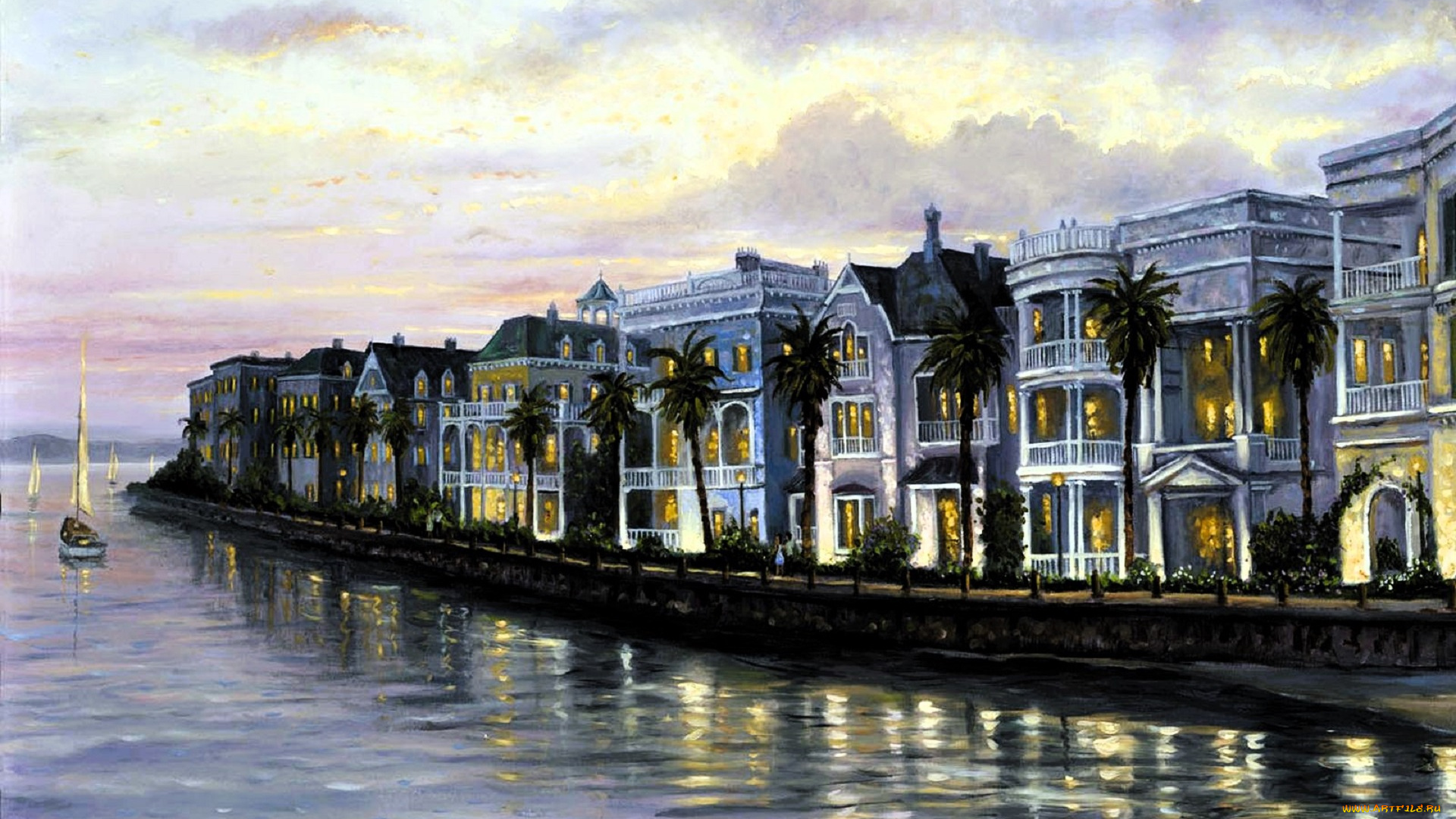 рисованное, robert, finale, дома, здания, берег, лодка, набережная, река