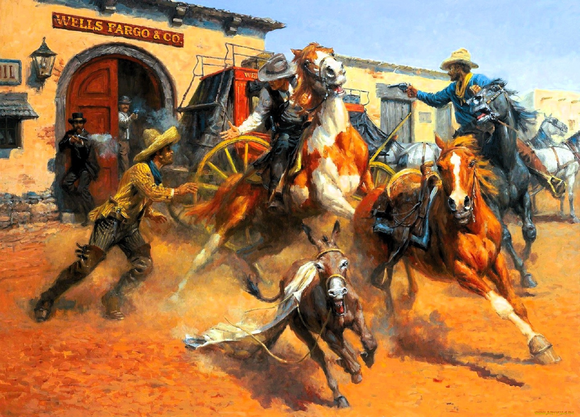 рисованное, andy, thomas, салун, перестрелка, всадники, лошади, ослик