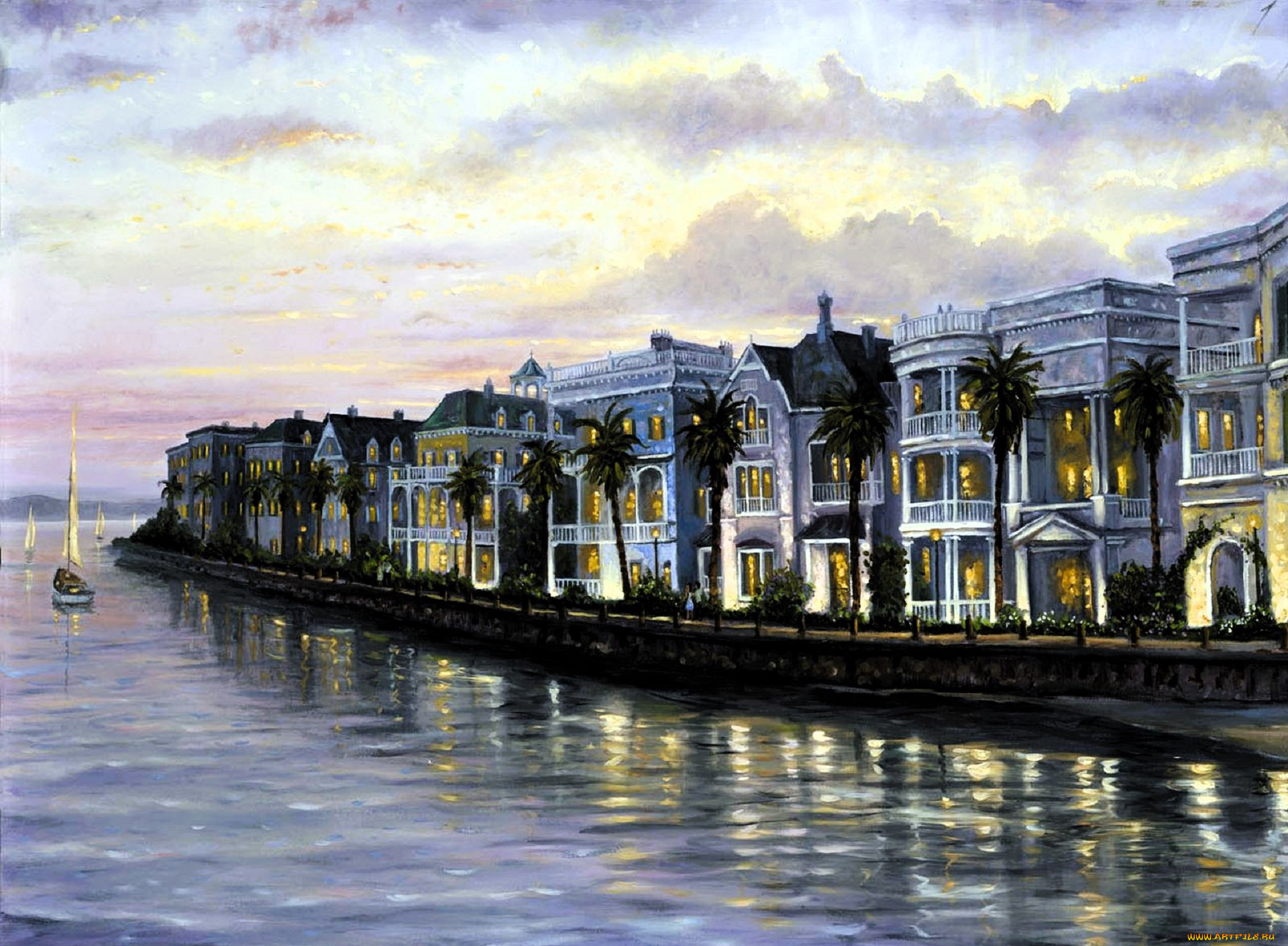 рисованное, robert, finale, дома, здания, берег, лодка, набережная, река