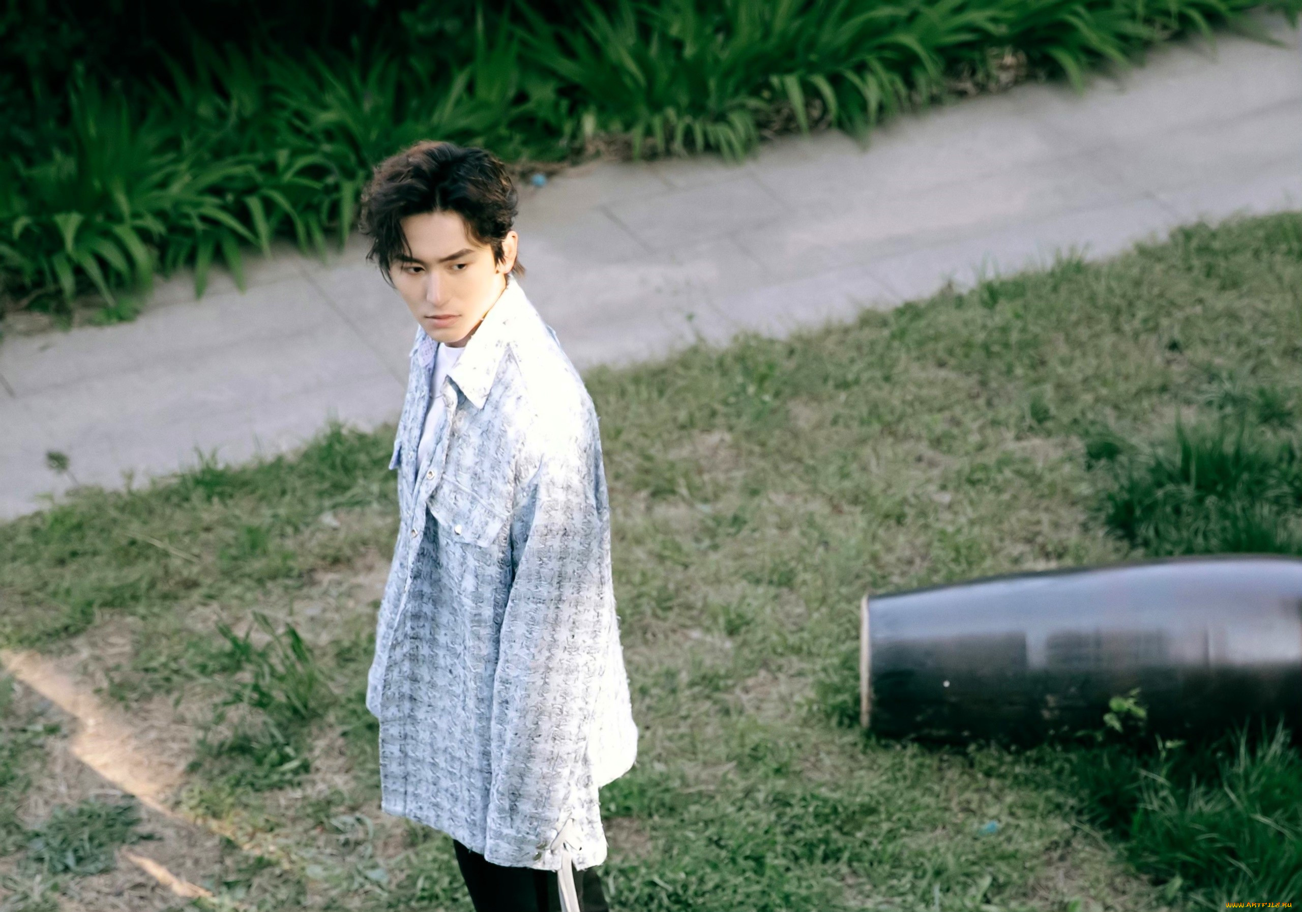 мужчины, zhang, zhehan, актер, рубашка, лужайка, труба, дорожка