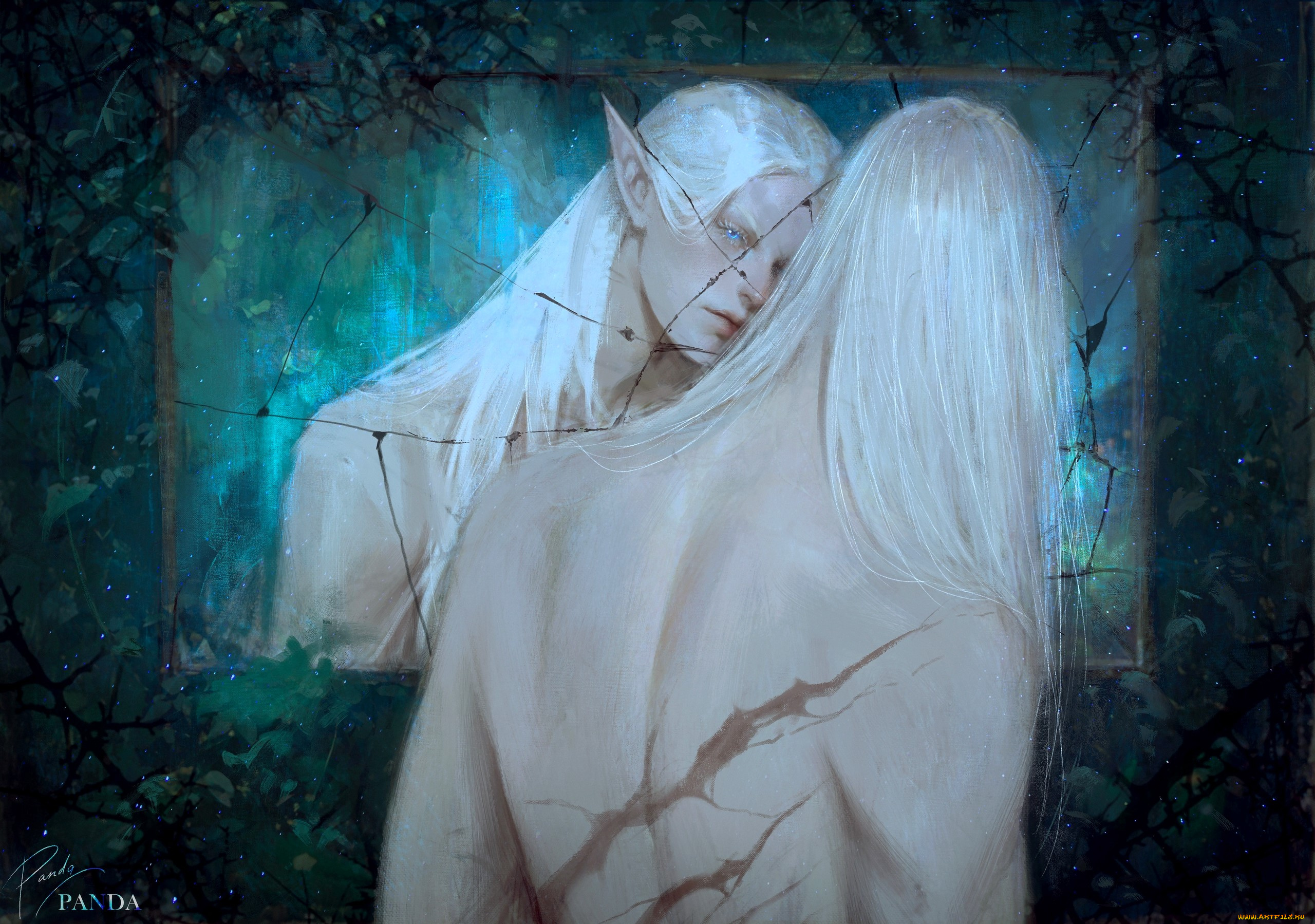 фэнтези, эльфы, эльф, шрамы, зеркало, отражение, трещины