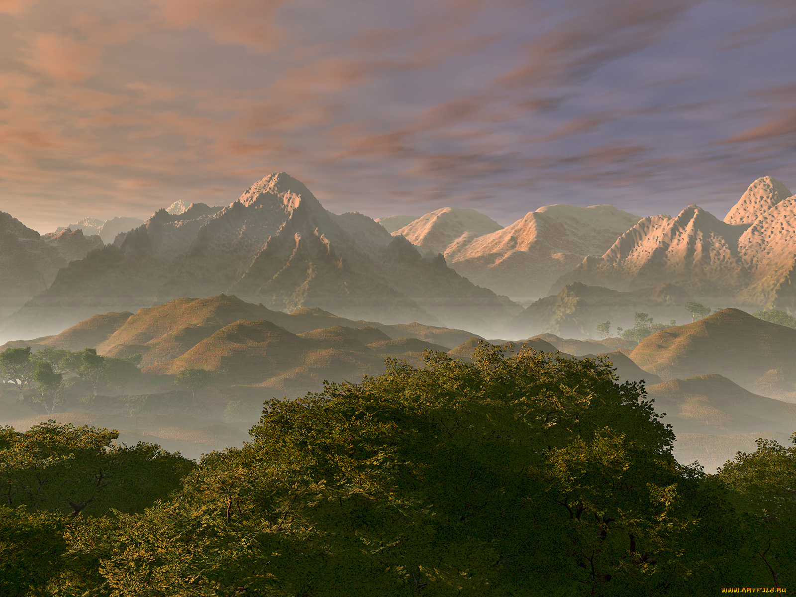 3д, графика, nature, landscape, природа, деревья, туман, горы