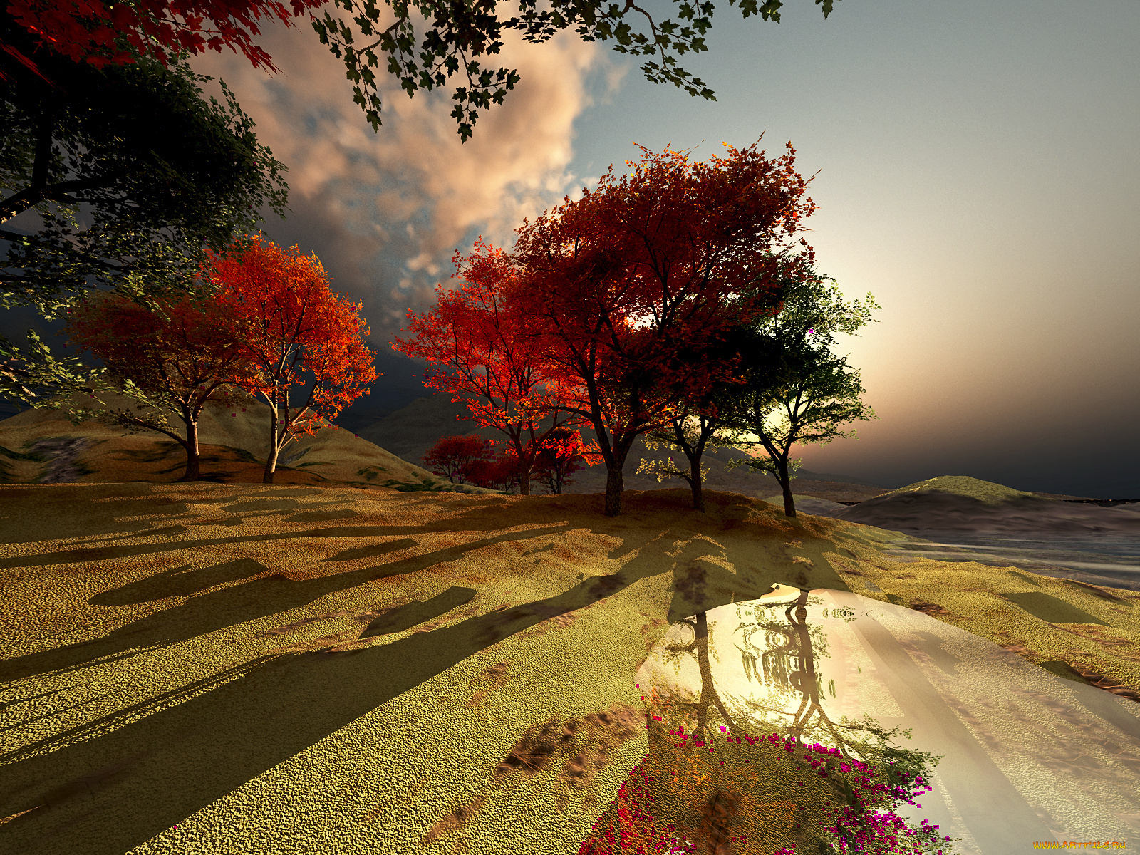 3д, графика, nature, landscape, природа, облака, деревья