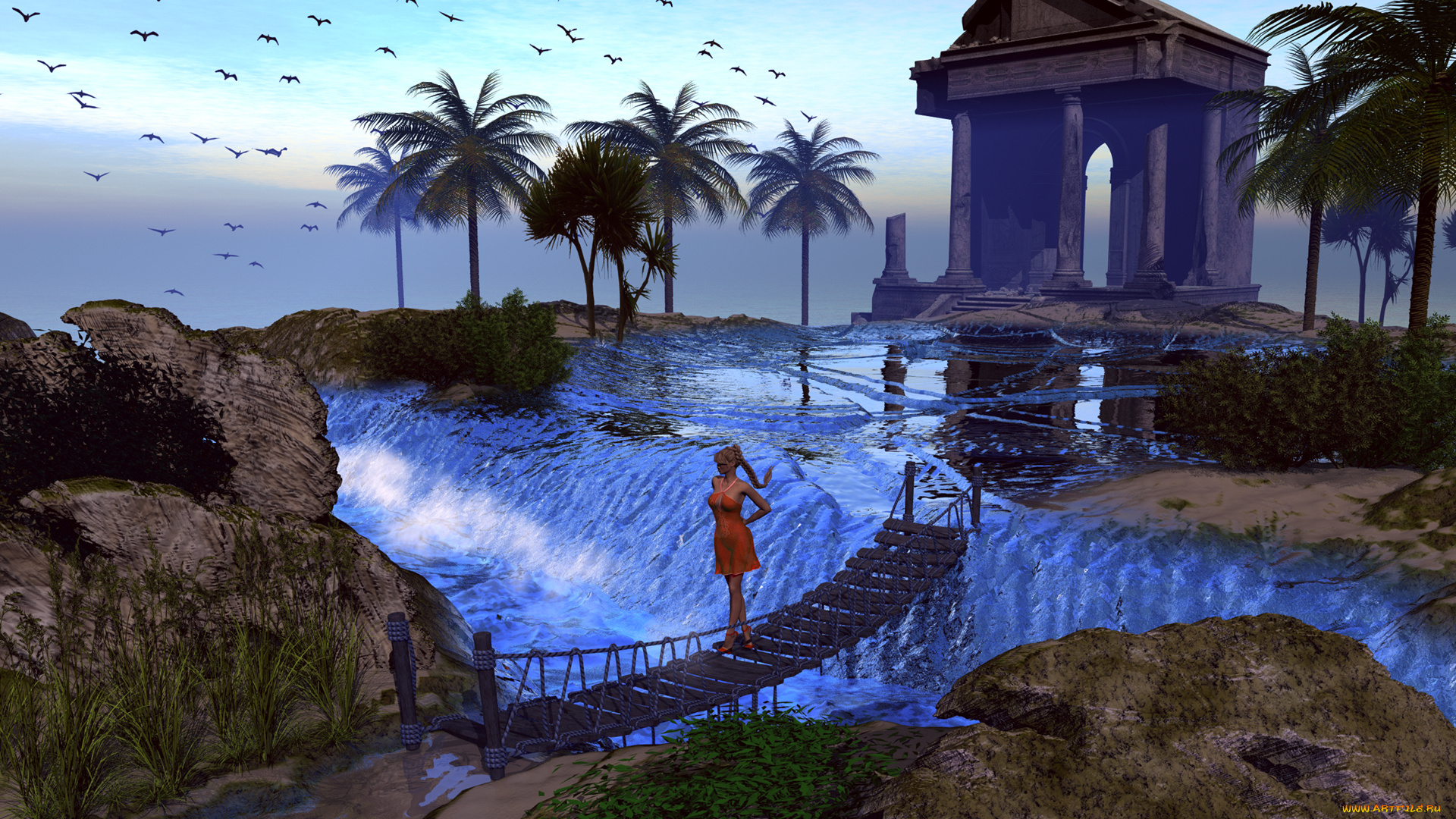 3д, графика, people, люди, девушка, мостик, река, пальмы