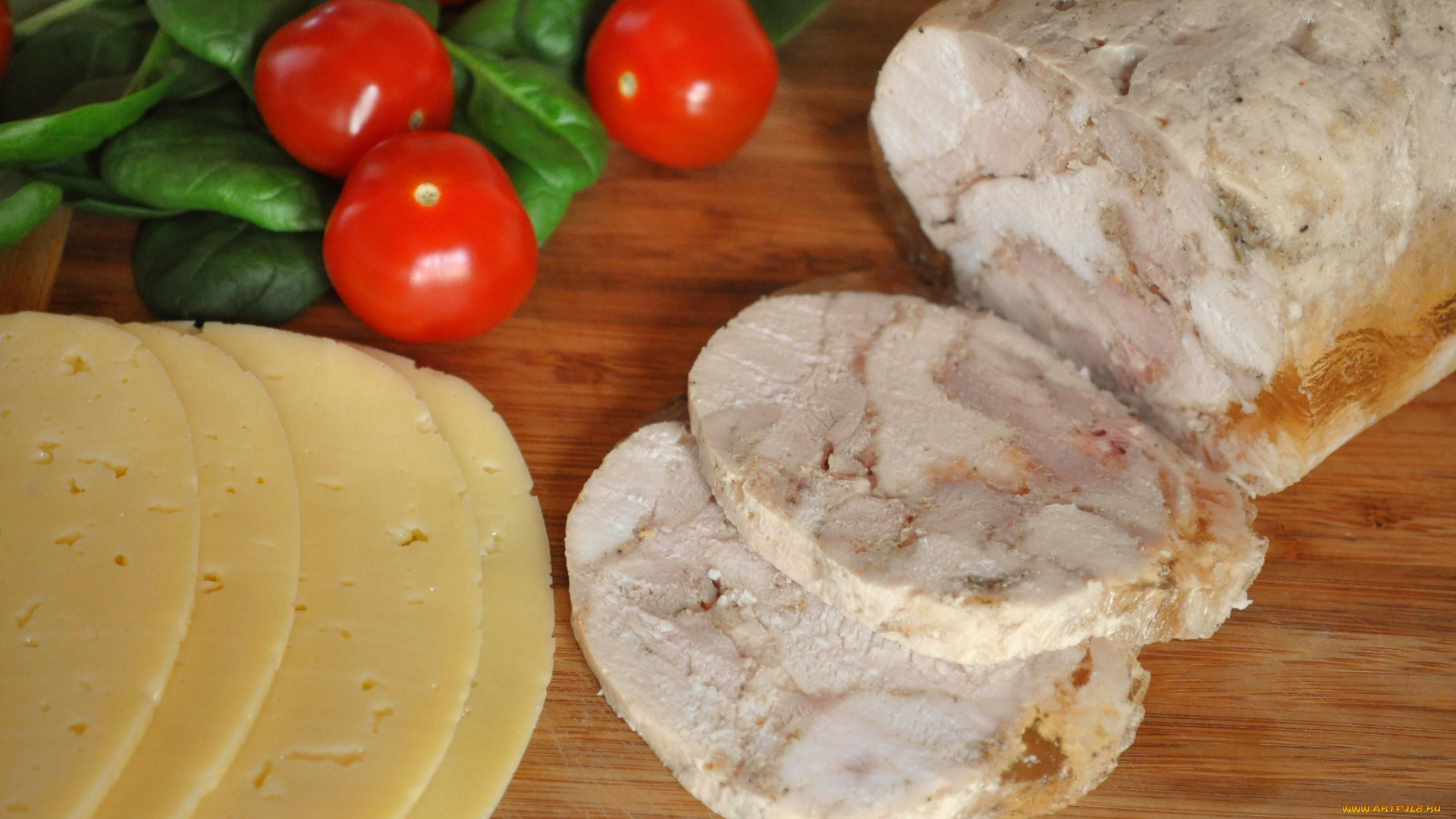 еда, разное, помидоры, куриный, рулет, сыр, томаты