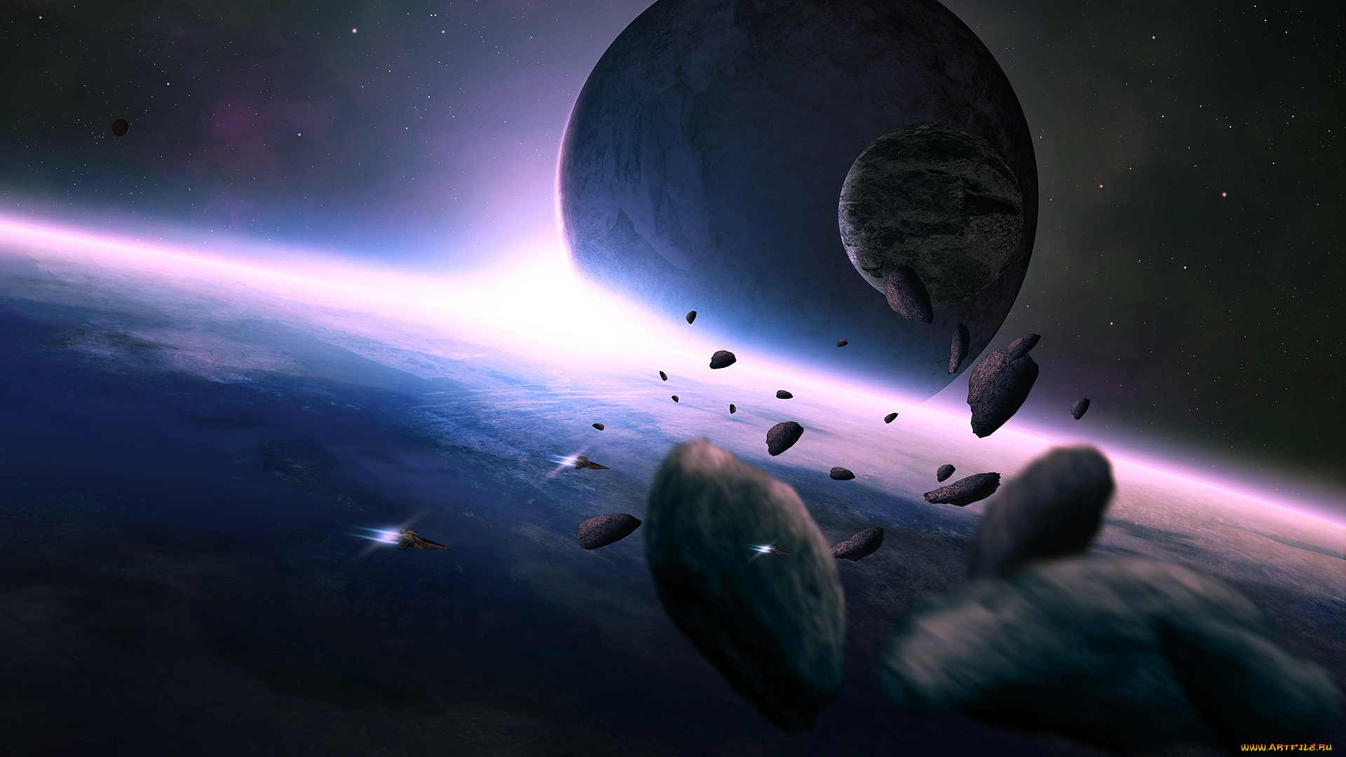 космос, арт, астероиды, планеты