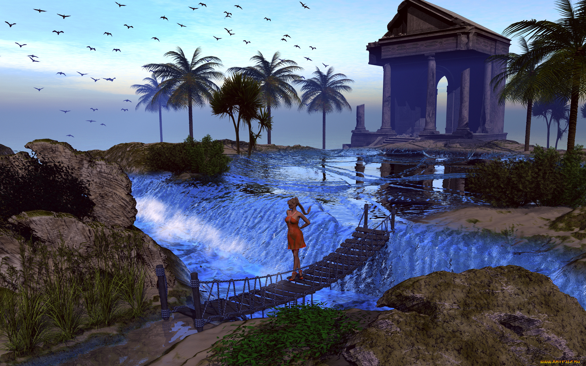 3д, графика, people, люди, девушка, мостик, река, пальмы