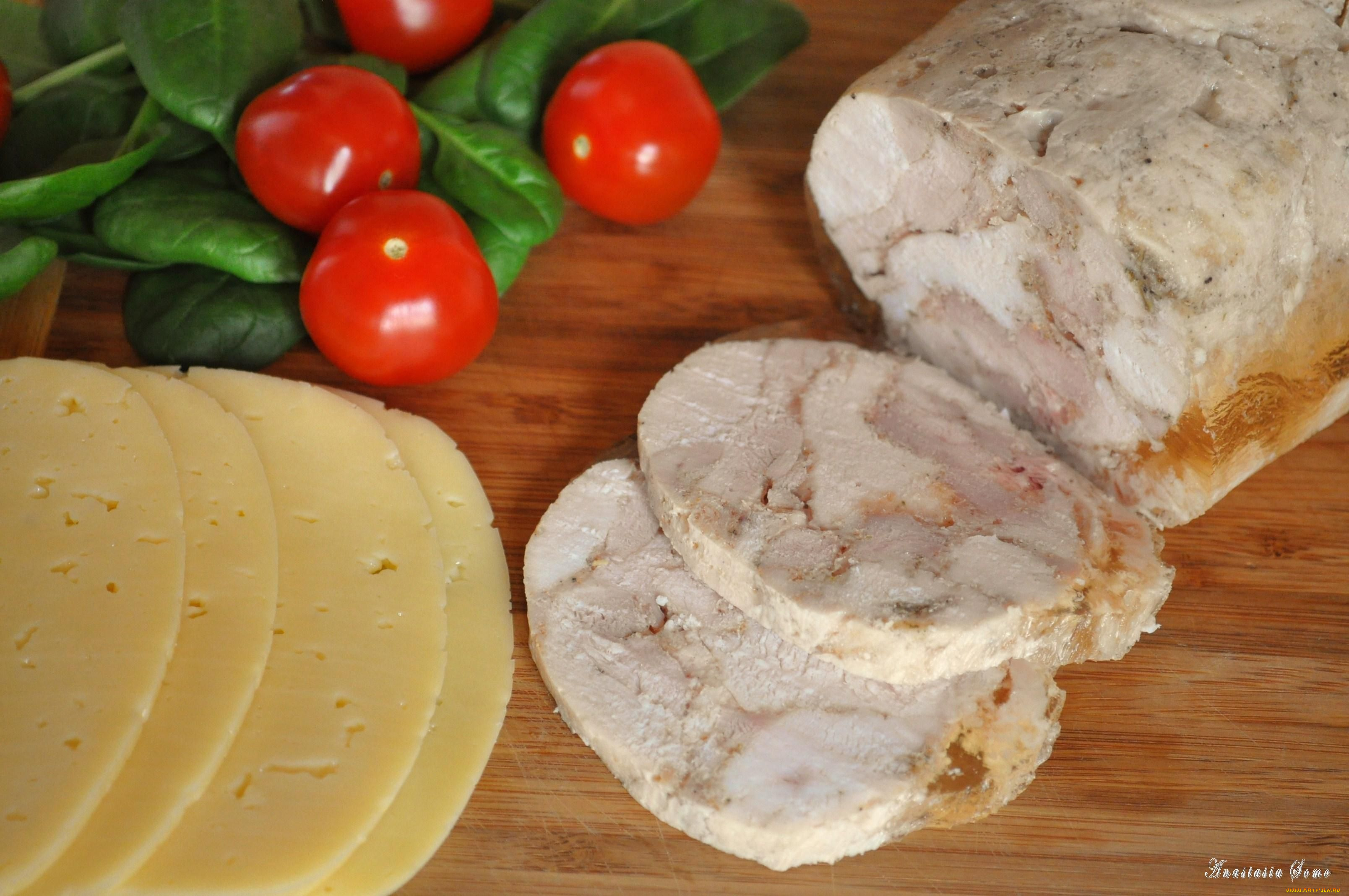 еда, разное, помидоры, куриный, рулет, сыр, томаты