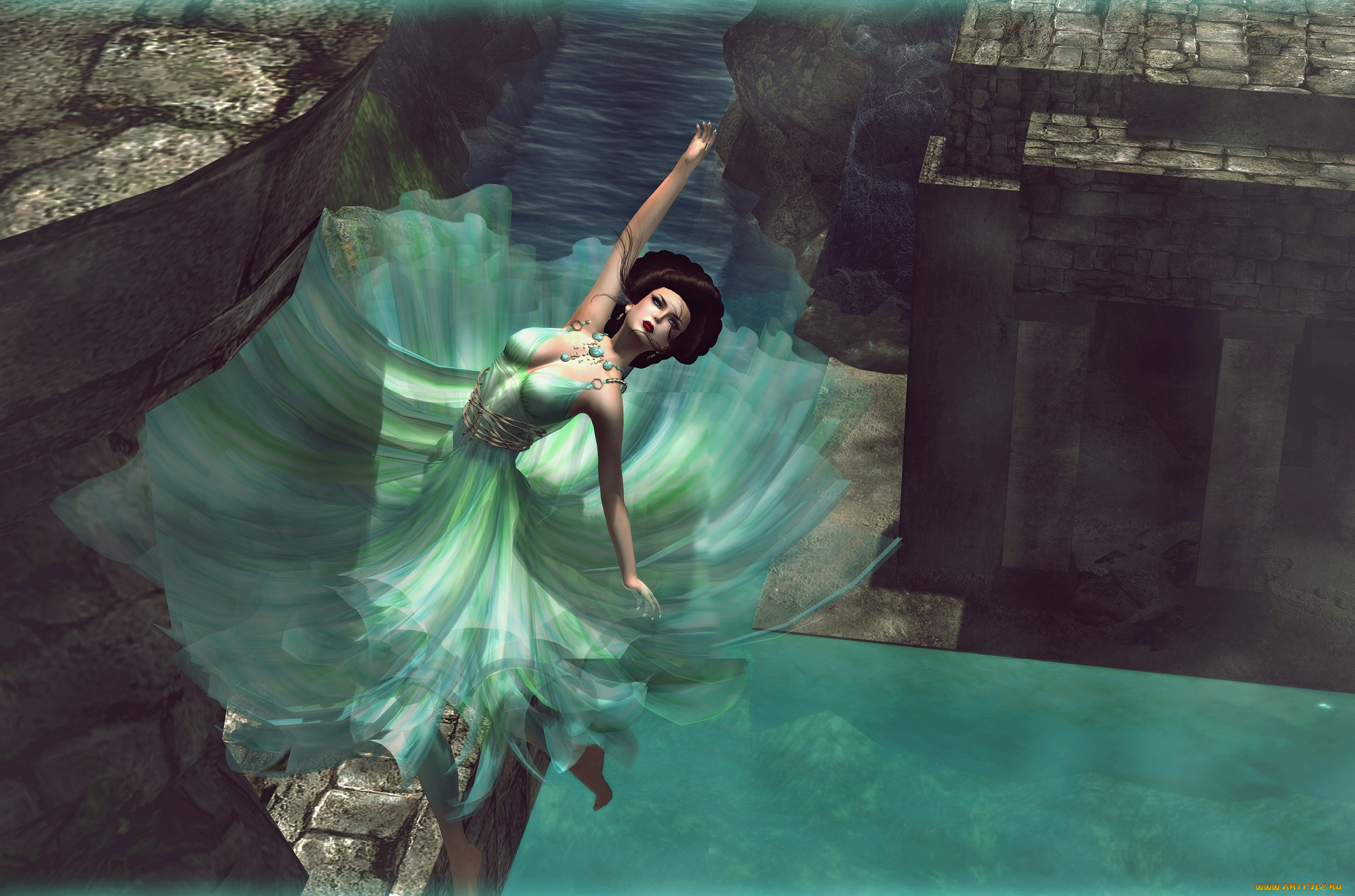 3д, графика, people, люди, девушка, падение, прыжок, платье