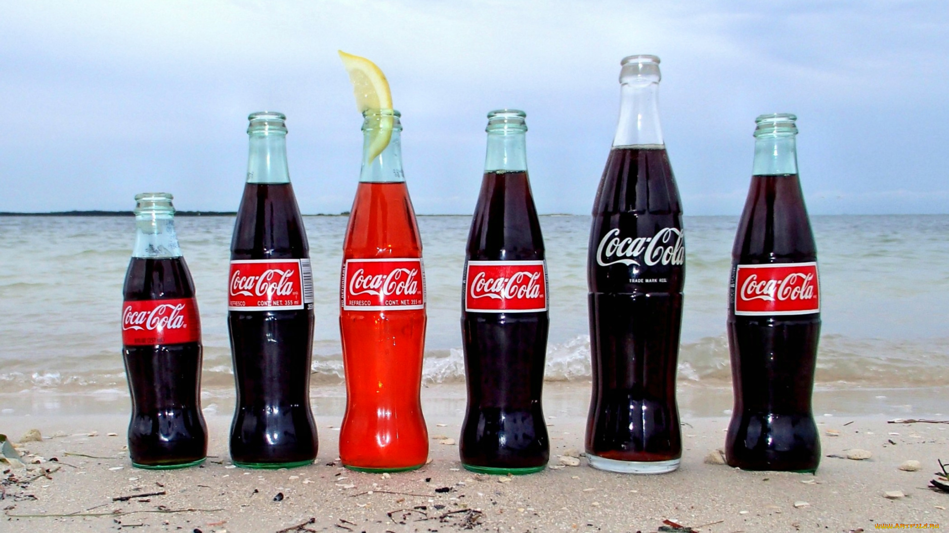 coca, cola, бренды, лимончик, кока-кола, бутылки, море, пляж