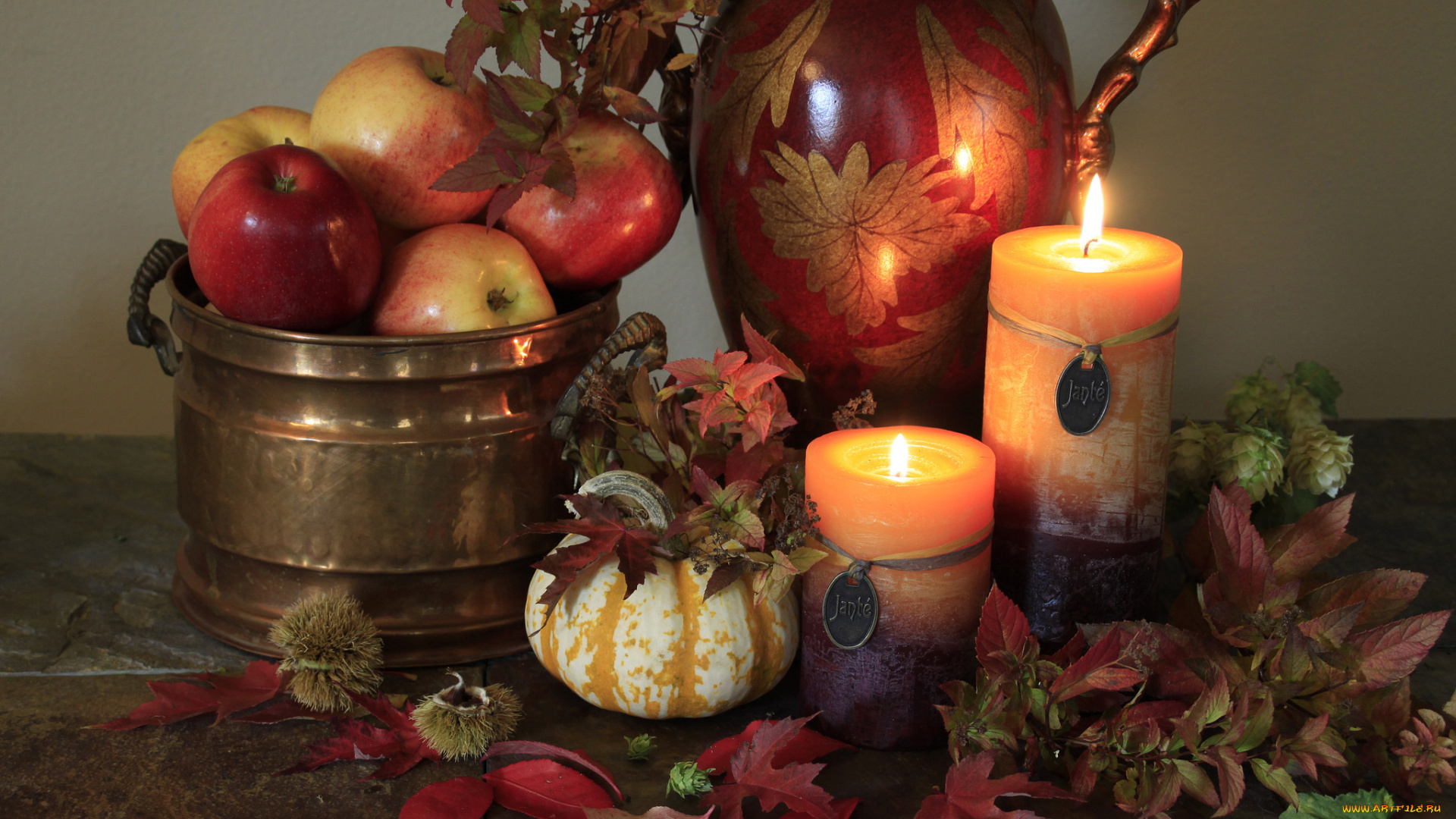 еда, фрукты, овощи, вместе, тыква, яблоки, свечи