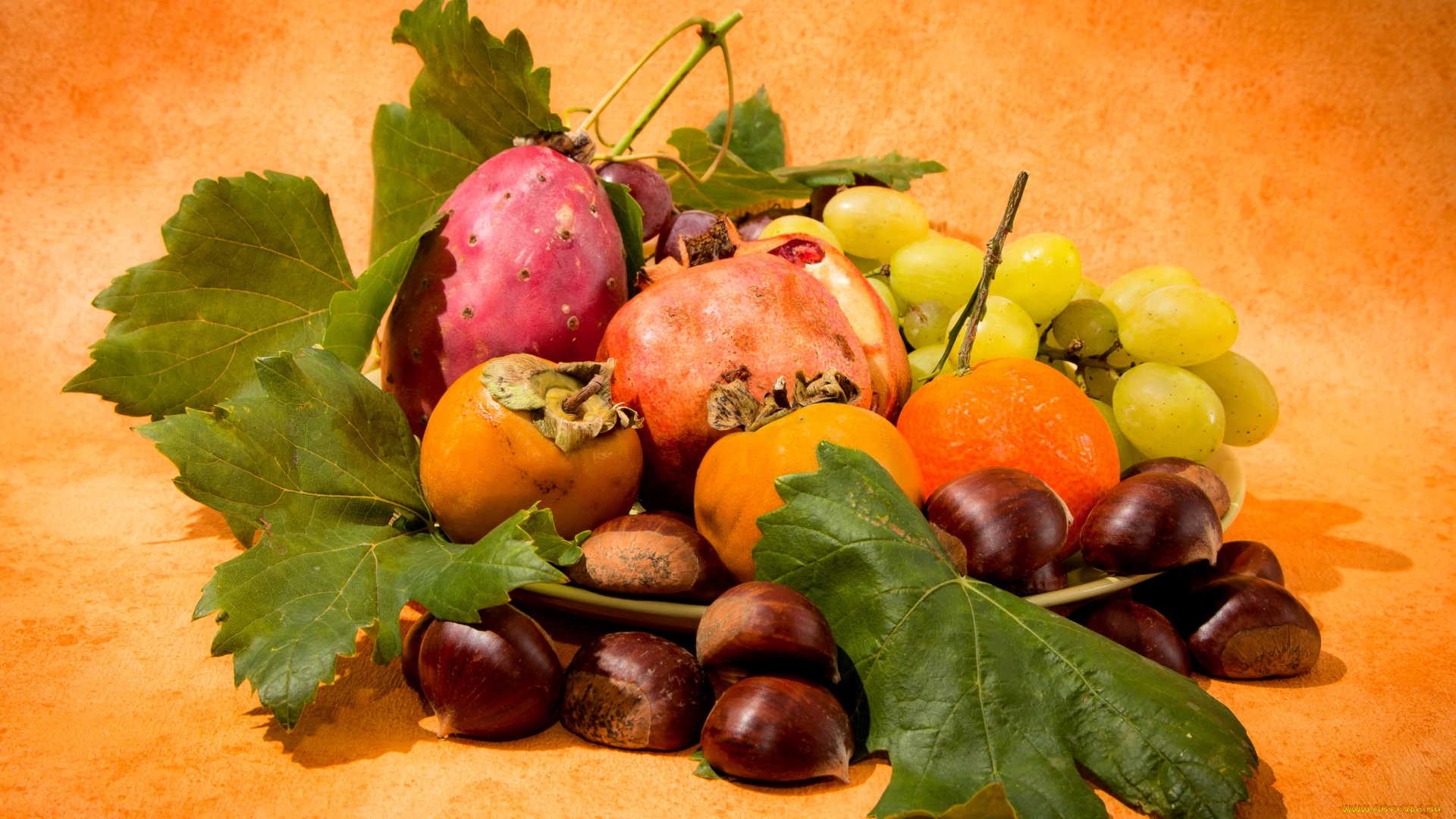 еда, фрукты, ягоды, опунция, гранат, хурма, каштаны