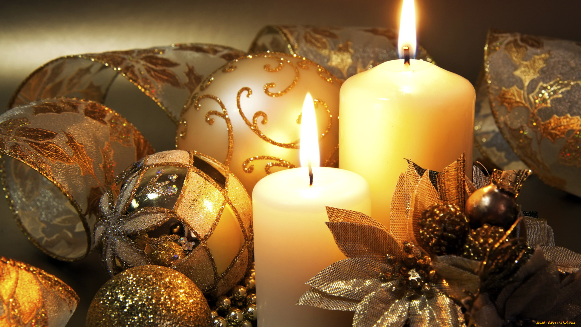 праздничные, новогодние, свечи, шарики, лента