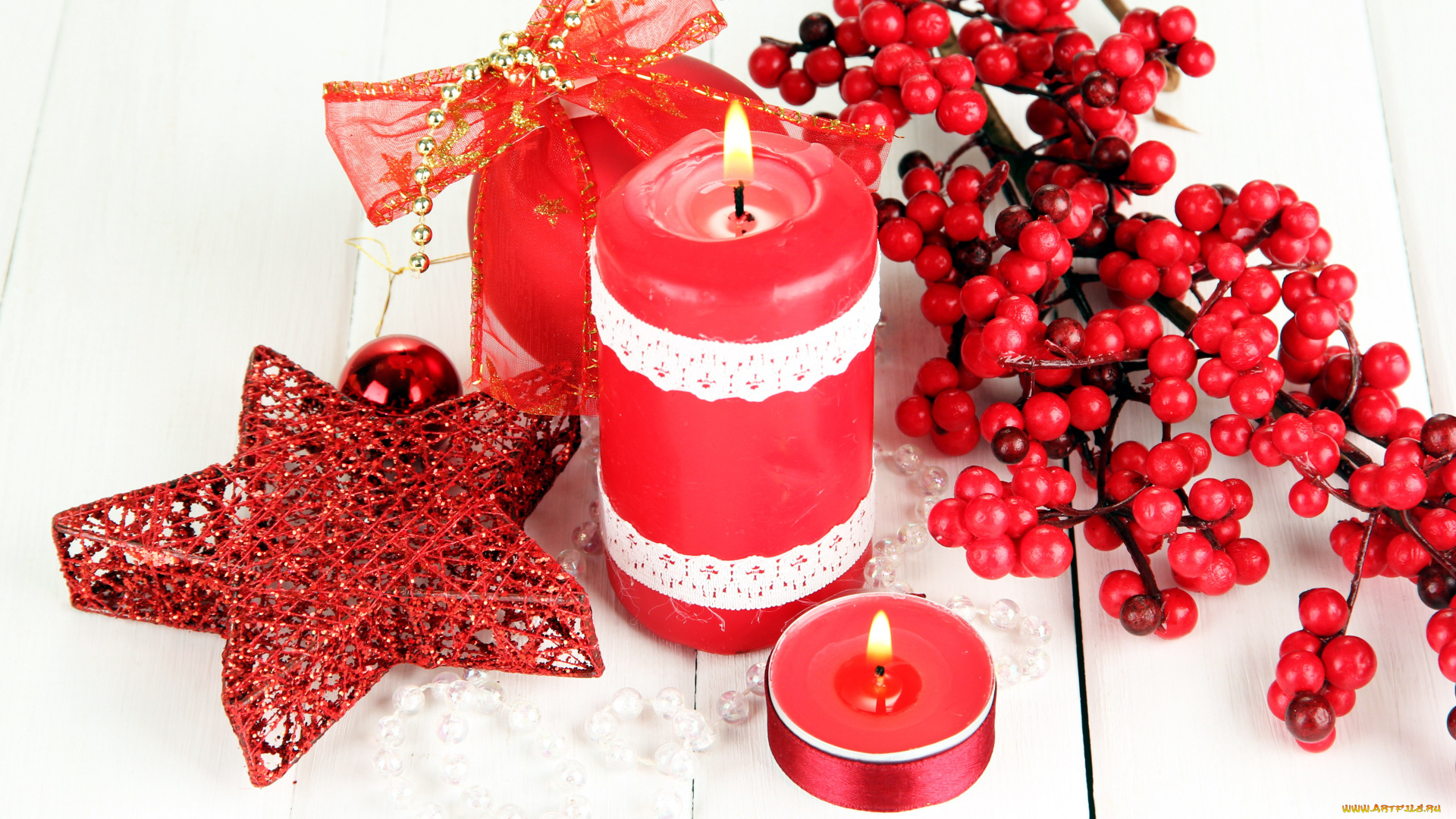 праздничные, новогодние, свечи, ягоды, бант