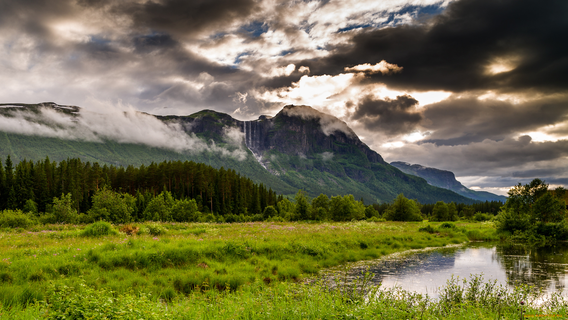 природа, пейзажи, derevya, goryi, norvegiya, hemsedal, dolina, peyza, reka