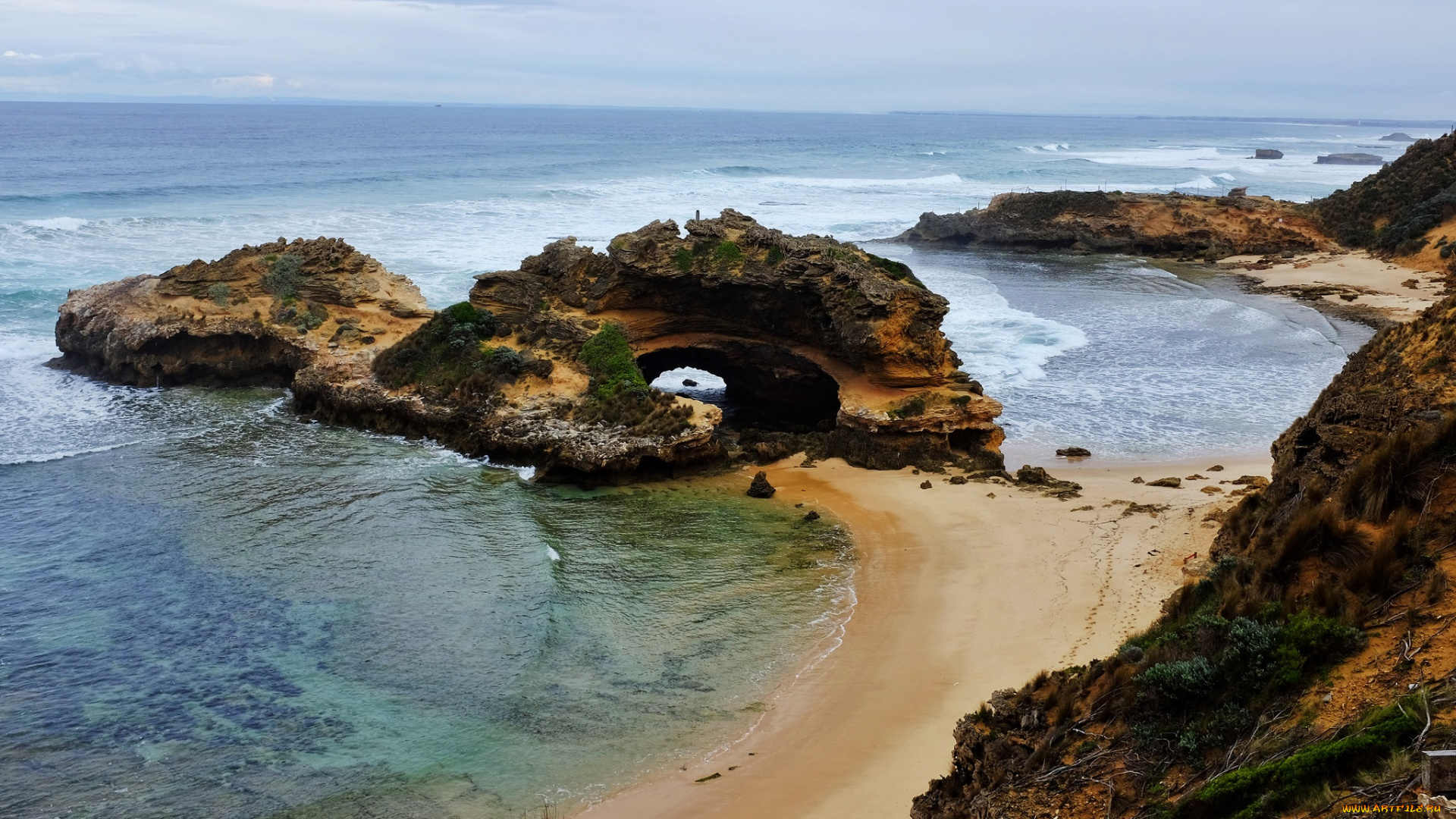 природа, побережье, горизонт, арка, скалы, пляж, океан